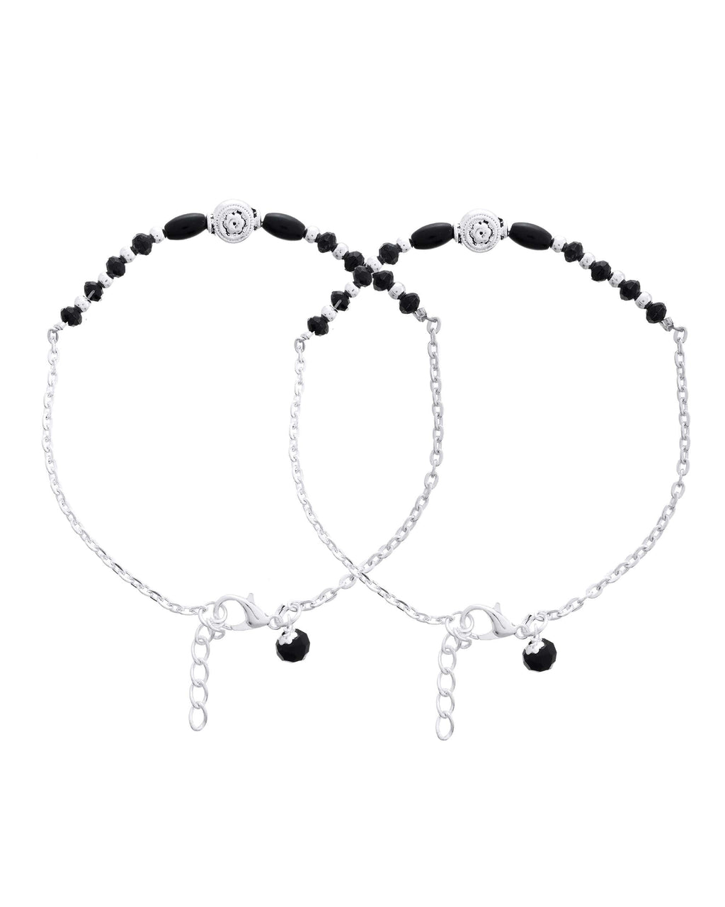 Jewels Nest Set of 2 Silver-Plated Stainless Steel Beaded Anklets with Artificial Black Stones & Floral Charms - Distacart