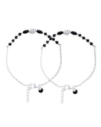 Jewels Nest Set of 2 Silver-Plated Stainless Steel Beaded Anklets with Artificial Black Stones & Floral Charms - Distacart
