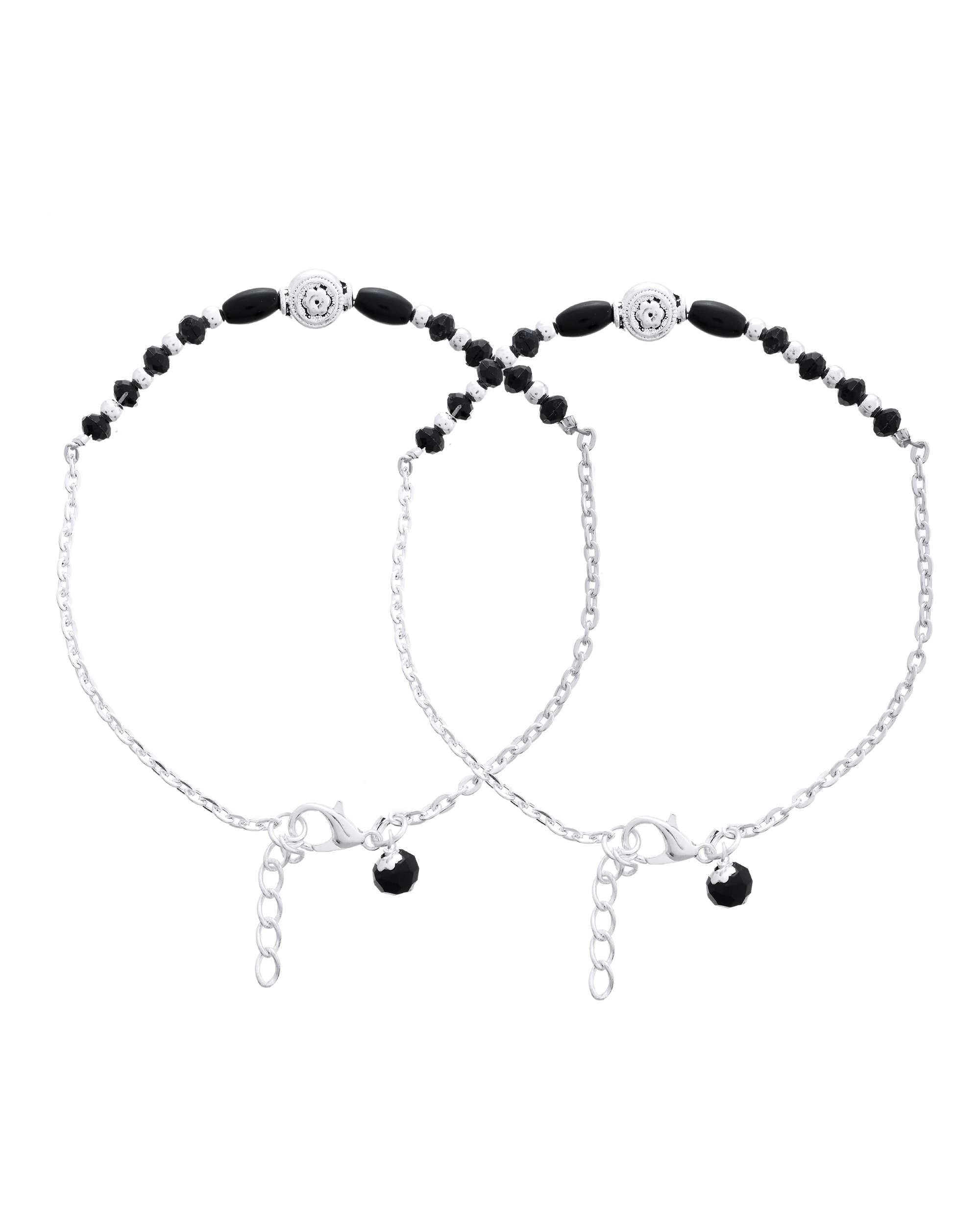 Jewels Nest Set of 2 Silver-Plated Stainless Steel Beaded Anklets with Artificial Black Stones & Floral Charms - Distacart