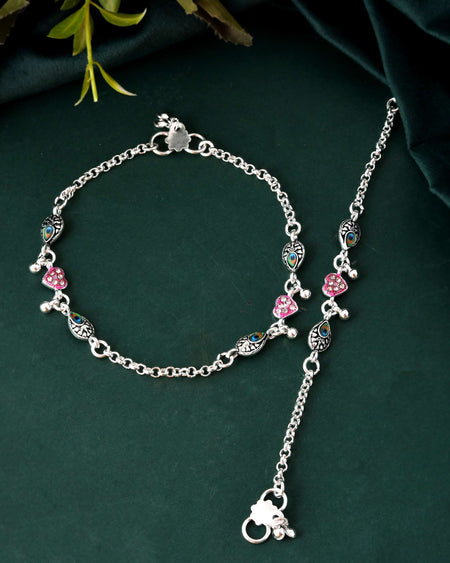 Jewels Nest Set of 2 Silver-Plated Stainless Steel Evil Eye & Pink Beaded Anklets
