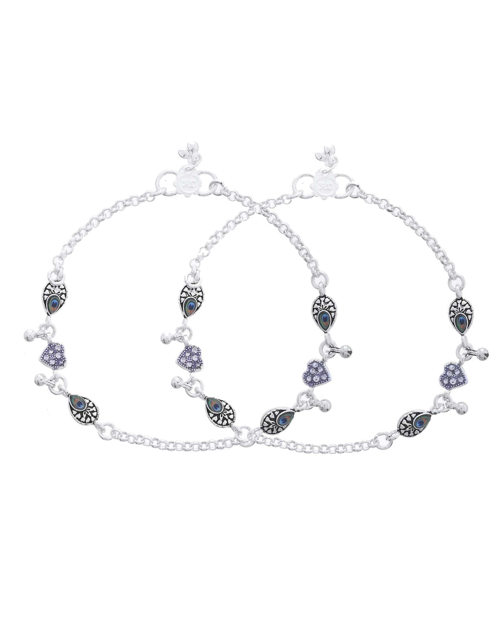 Jewels Nest Set of 2 Silver-Plated Stainless Steel Evil Eye & Heart Charm Beaded Anklets - Distacart