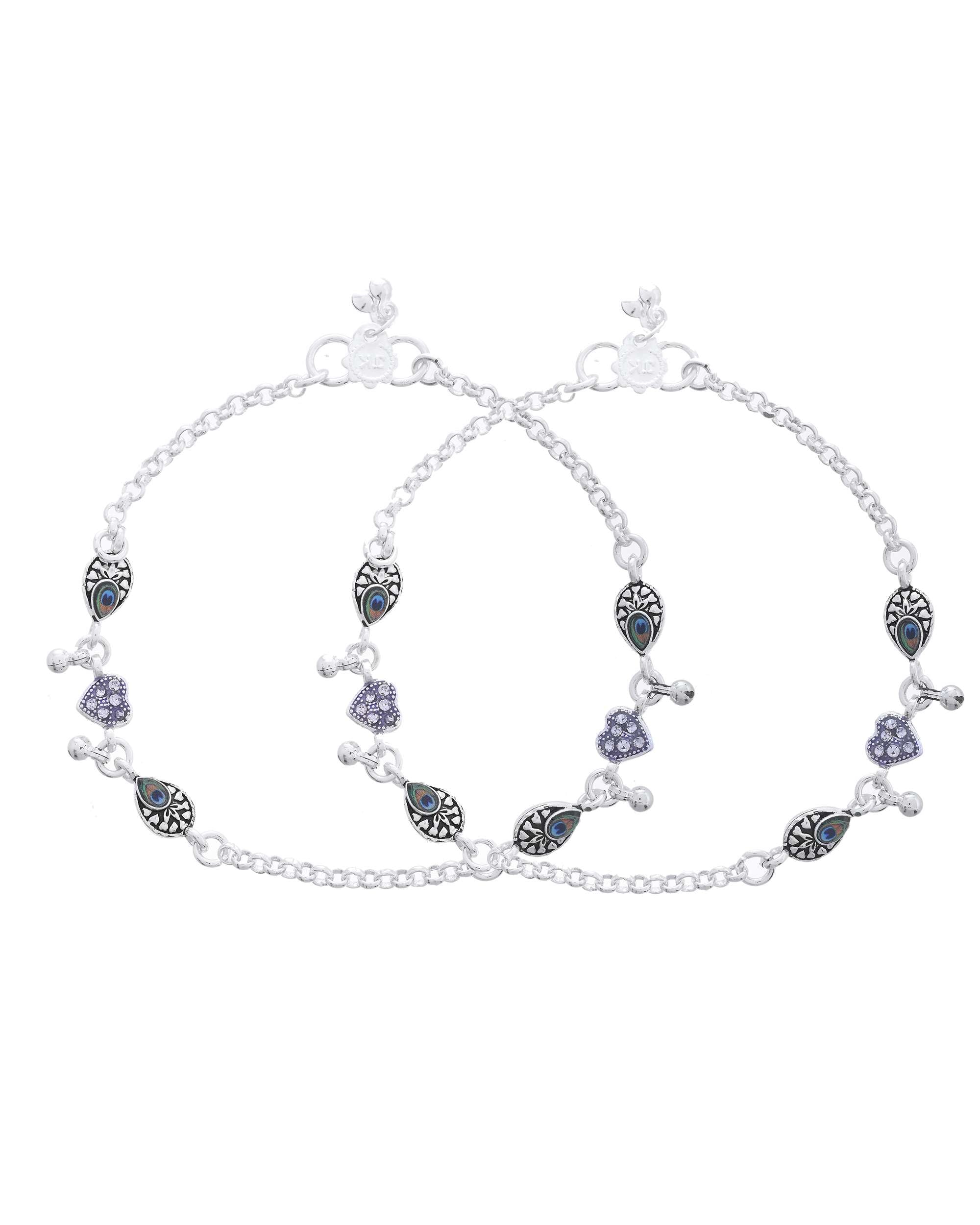 Jewels Nest Set of 2 Silver-Plated Stainless Steel Evil Eye & Heart Charm Beaded Anklets - Distacart