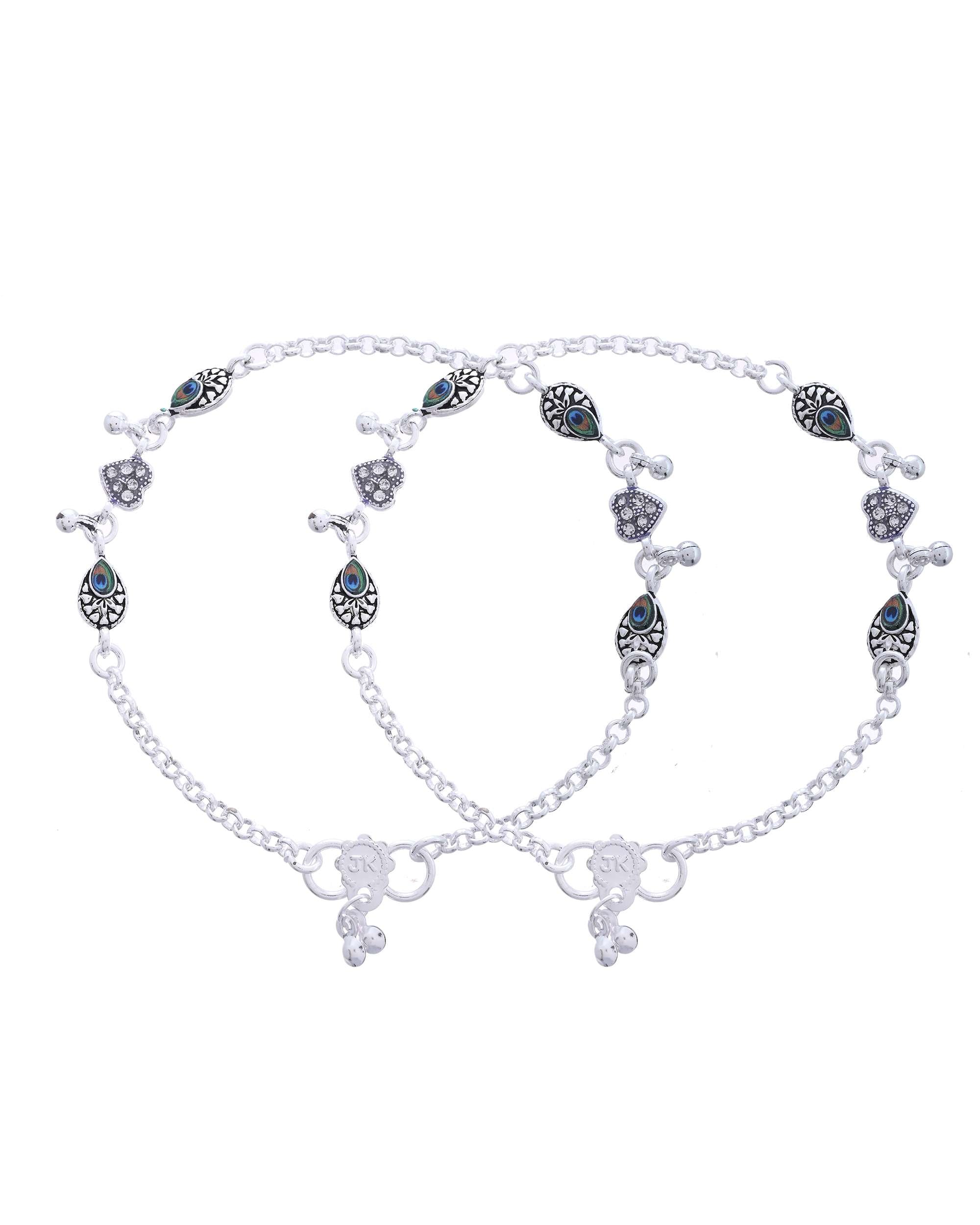 Jewels Nest Set of 2 Silver-Plated Stainless Steel Evil Eye & Heart Charm Beaded Anklets - Distacart