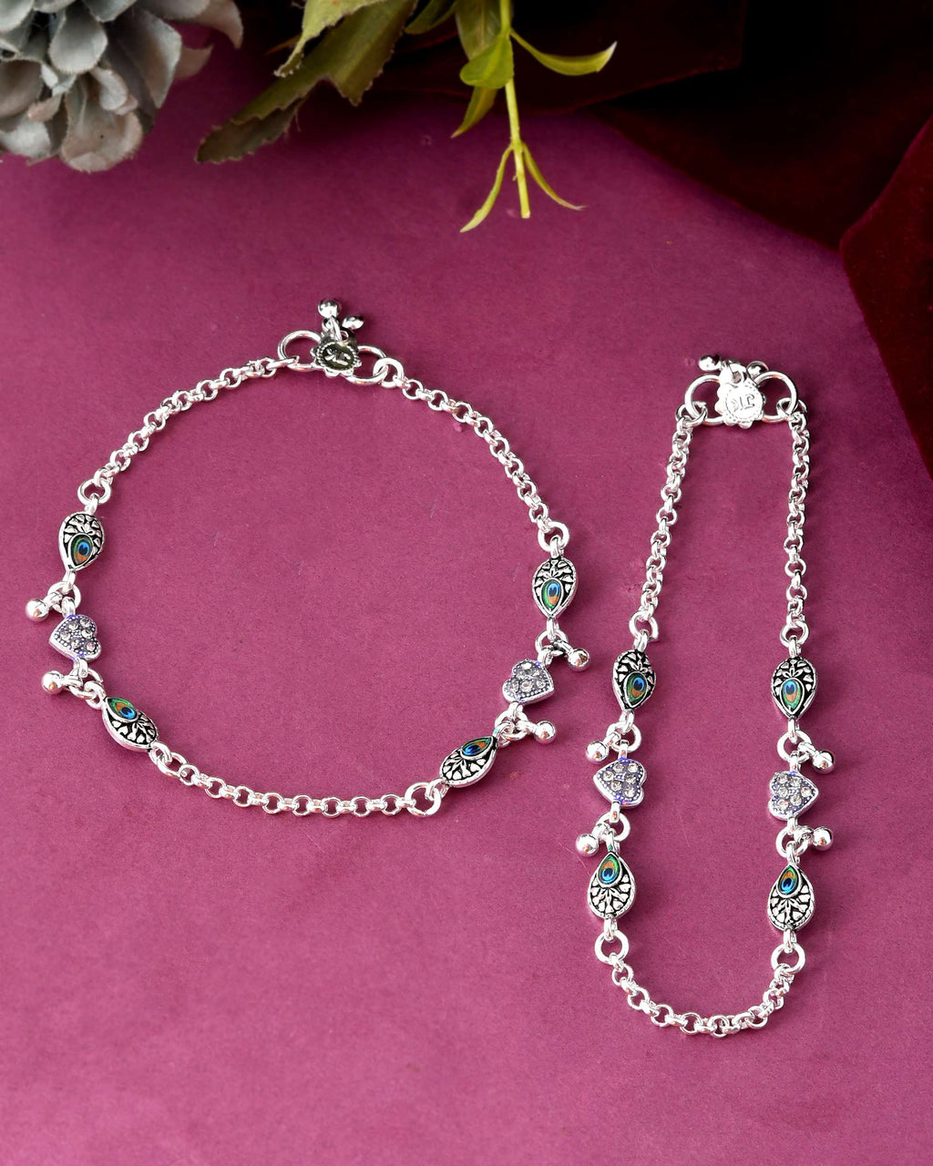 Jewels Nest Set of 2 Silver-Plated Stainless Steel Evil Eye & Heart Charm Beaded Anklets - Distacart