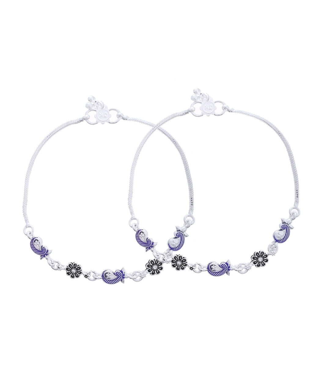 Jewels Nest Set of 2 Silver-Plated Stainless Steel Paisley & Floral Charm Anklets - Distacart