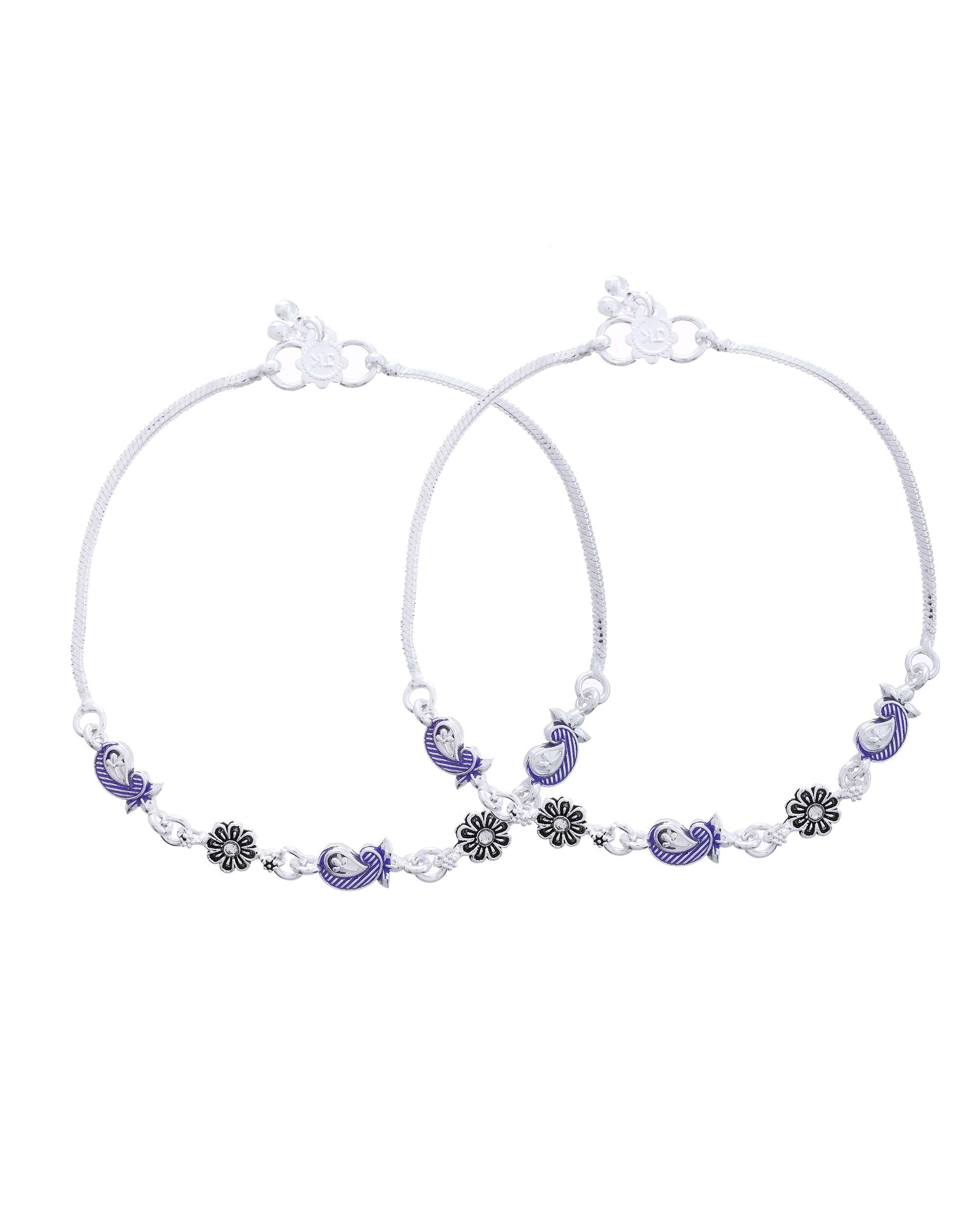 Jewels Nest Set of 2 Silver-Plated Stainless Steel Paisley & Floral Charm Anklets - Distacart