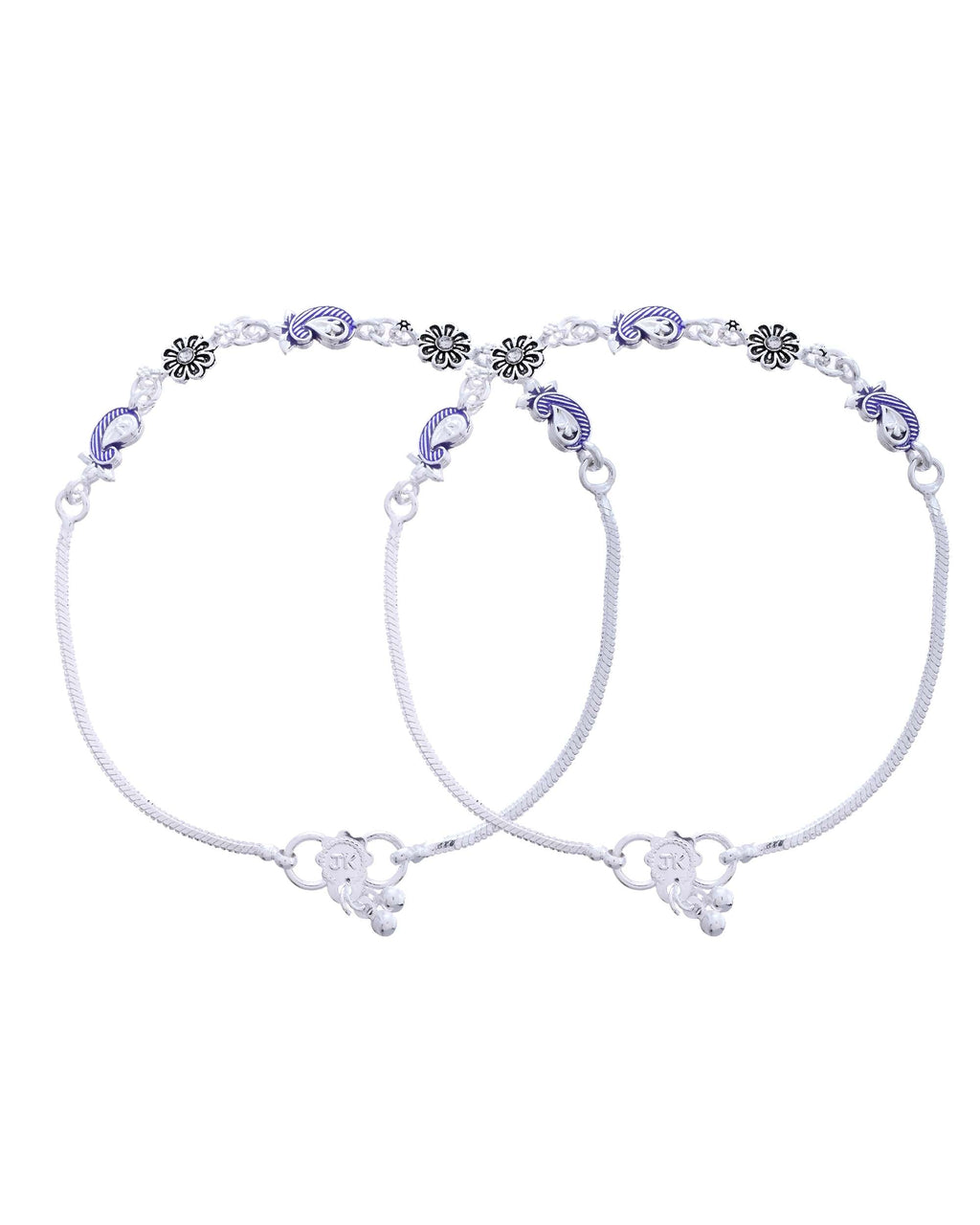 Jewels Nest Set of 2 Silver-Plated Stainless Steel Paisley & Floral Charm Anklets - Distacart