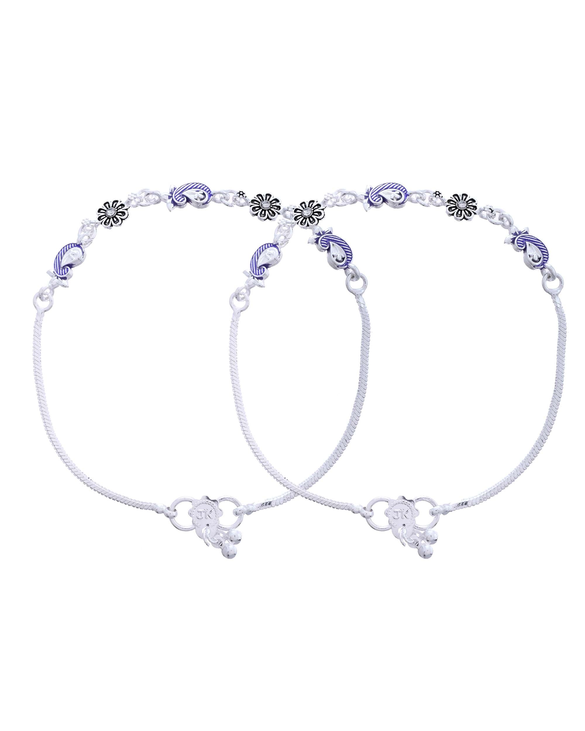 Jewels Nest Set of 2 Silver-Plated Stainless Steel Paisley & Floral Charm Anklets - Distacart