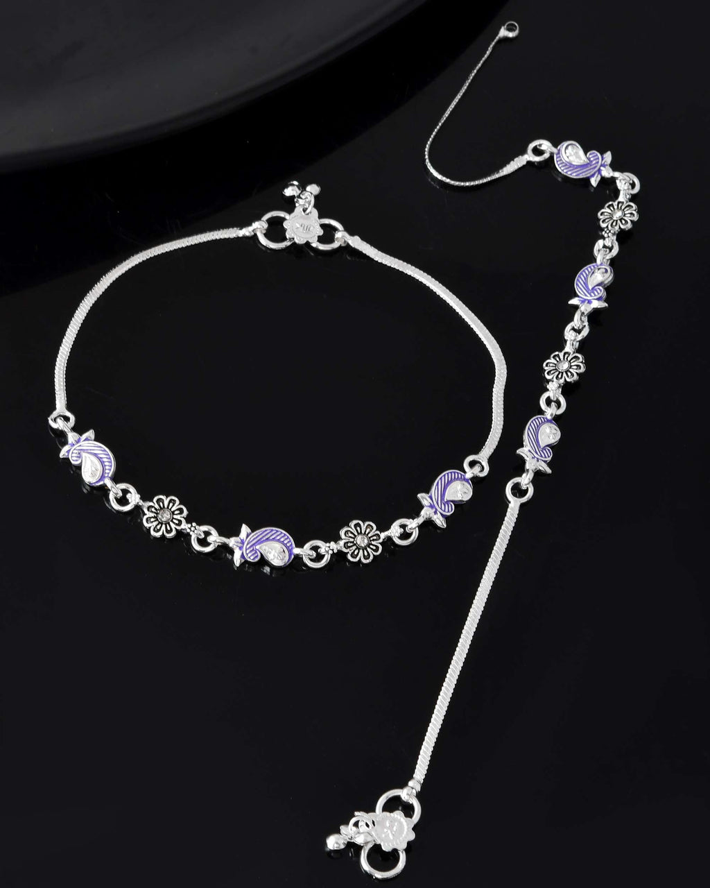 Jewels Nest Set of 2 Silver-Plated Stainless Steel Paisley & Floral Charm Anklets - Distacart