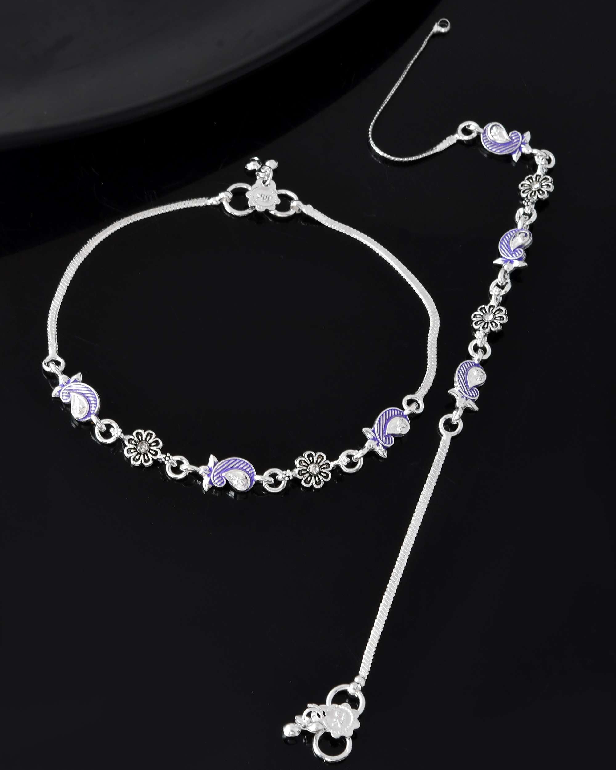 Jewels Nest Set of 2 Silver-Plated Stainless Steel Paisley & Floral Charm Anklets - Distacart