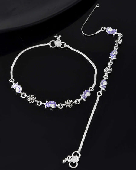 Jewels Nest Set of 2 Silver-Plated Stainless Steel Paisley & Floral Charm Anklets