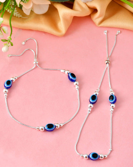 Jewels Nest Set of 2 Silver-Plated Stainless Steel Evil Eye Beaded Anklets
