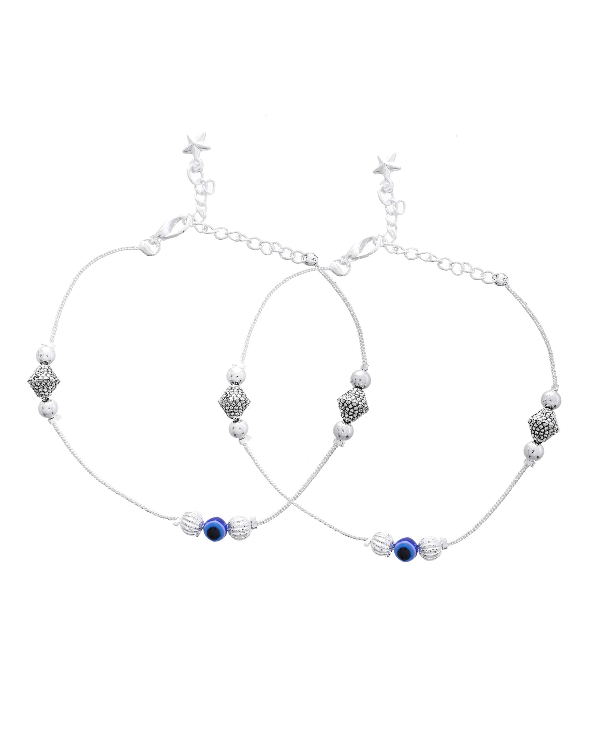 Jewels Nest Silver-Plated Stainless Steel Anklet Set with Evil Eye & Metallic Charms - Distacart