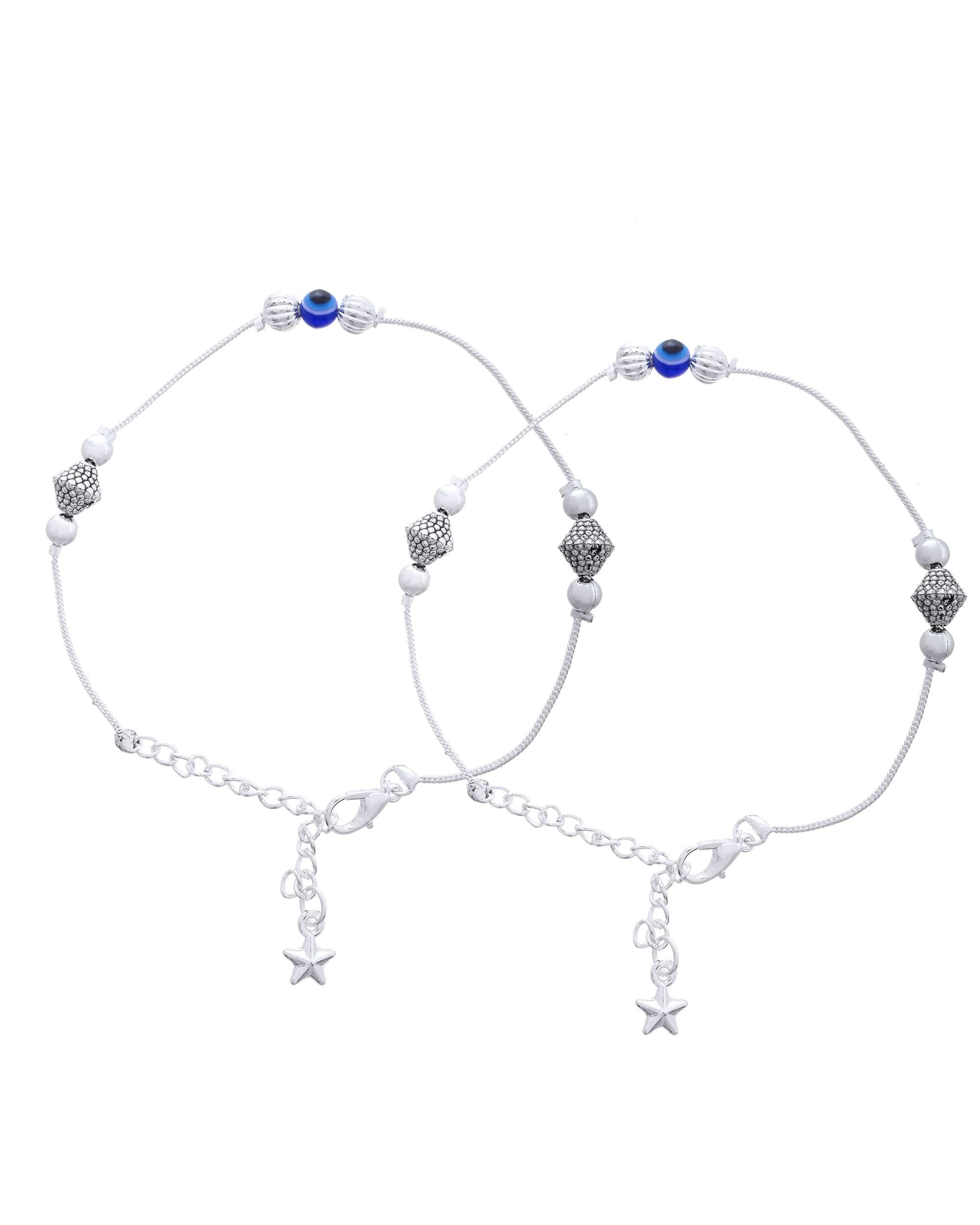 Jewels Nest Silver-Plated Stainless Steel Anklet Set with Evil Eye & Metallic Charms - Distacart