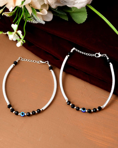 Jewels Nest Set of 2 Silver-Tone Stainless Steel Evil Eye Anklets with Beads