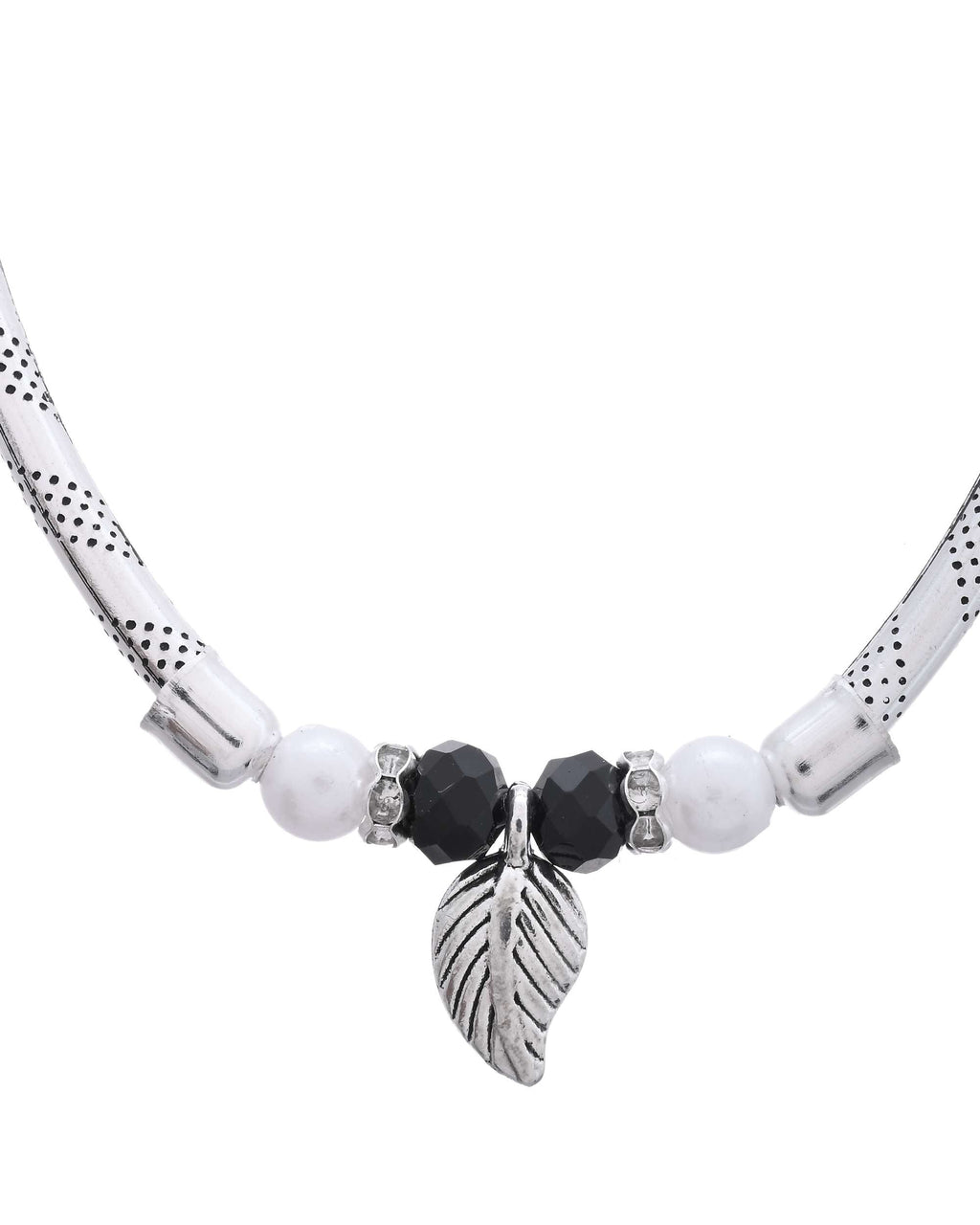 Jewels Nest Set of 2 Silver-Plated Black & White Beaded Anklets with Leaf Charm - Distacart