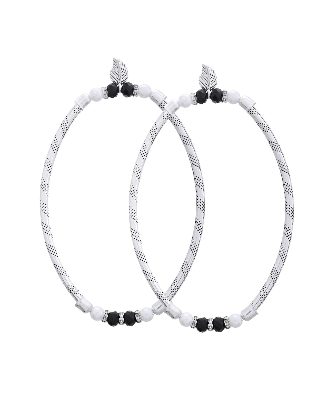 Jewels Nest Set of 2 Silver-Plated Black & White Beaded Anklets with Leaf Charm - Distacart