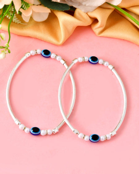 Jewels Nest Set of 2 Silver-Toned Anklets with Protective Evil Eye Beads