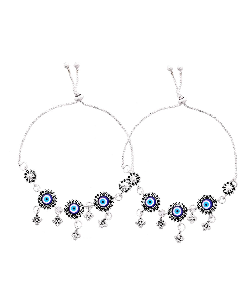 Jewels Nest Set of 2 Silver-Plated Stainless Steel Evil Eye & Stone-Studded Beaded Anklets - Distacart