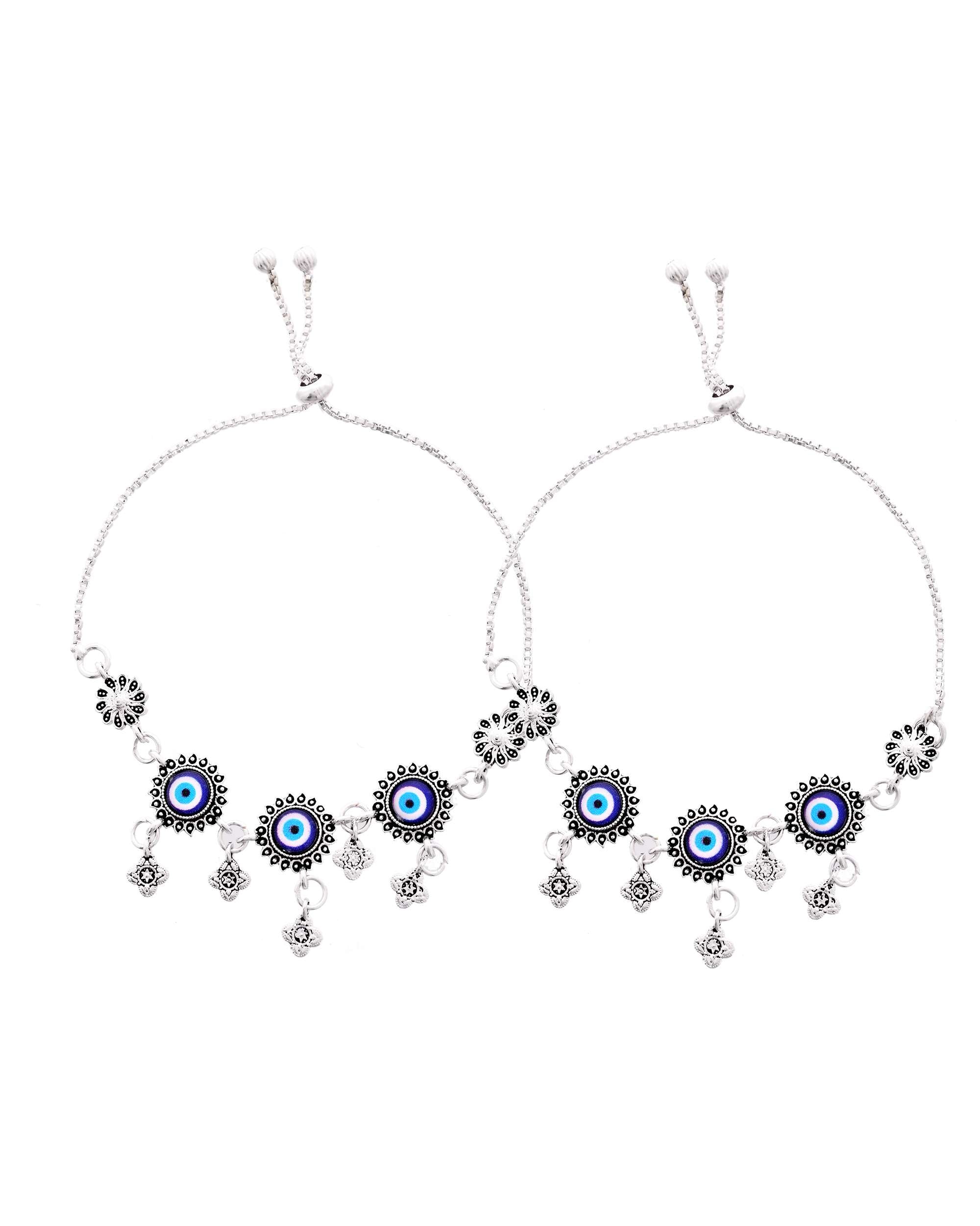 Jewels Nest Set of 2 Silver-Plated Stainless Steel Evil Eye & Stone-Studded Beaded Anklets - Distacart