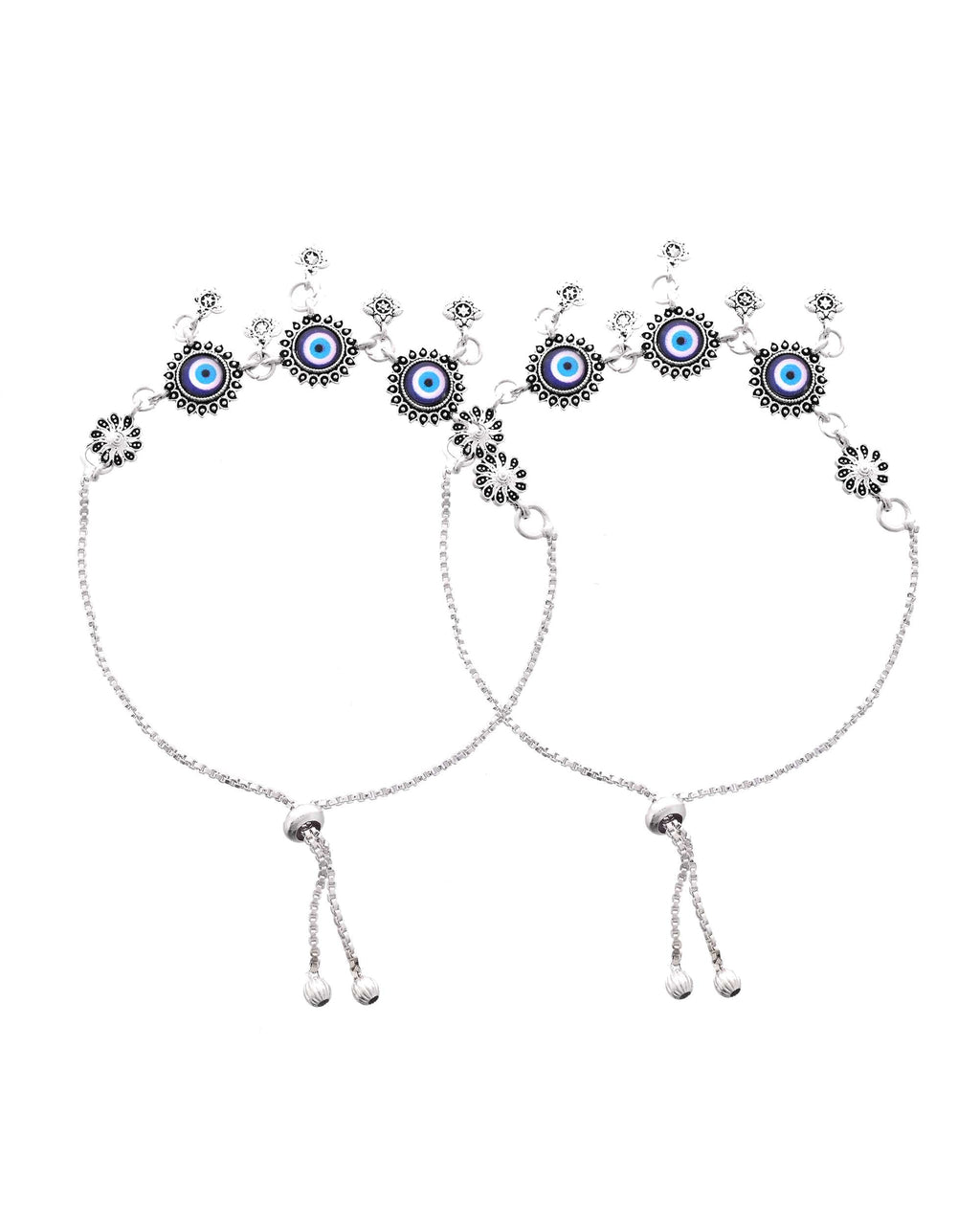 Jewels Nest Set of 2 Silver-Plated Stainless Steel Evil Eye & Stone-Studded Beaded Anklets - Distacart