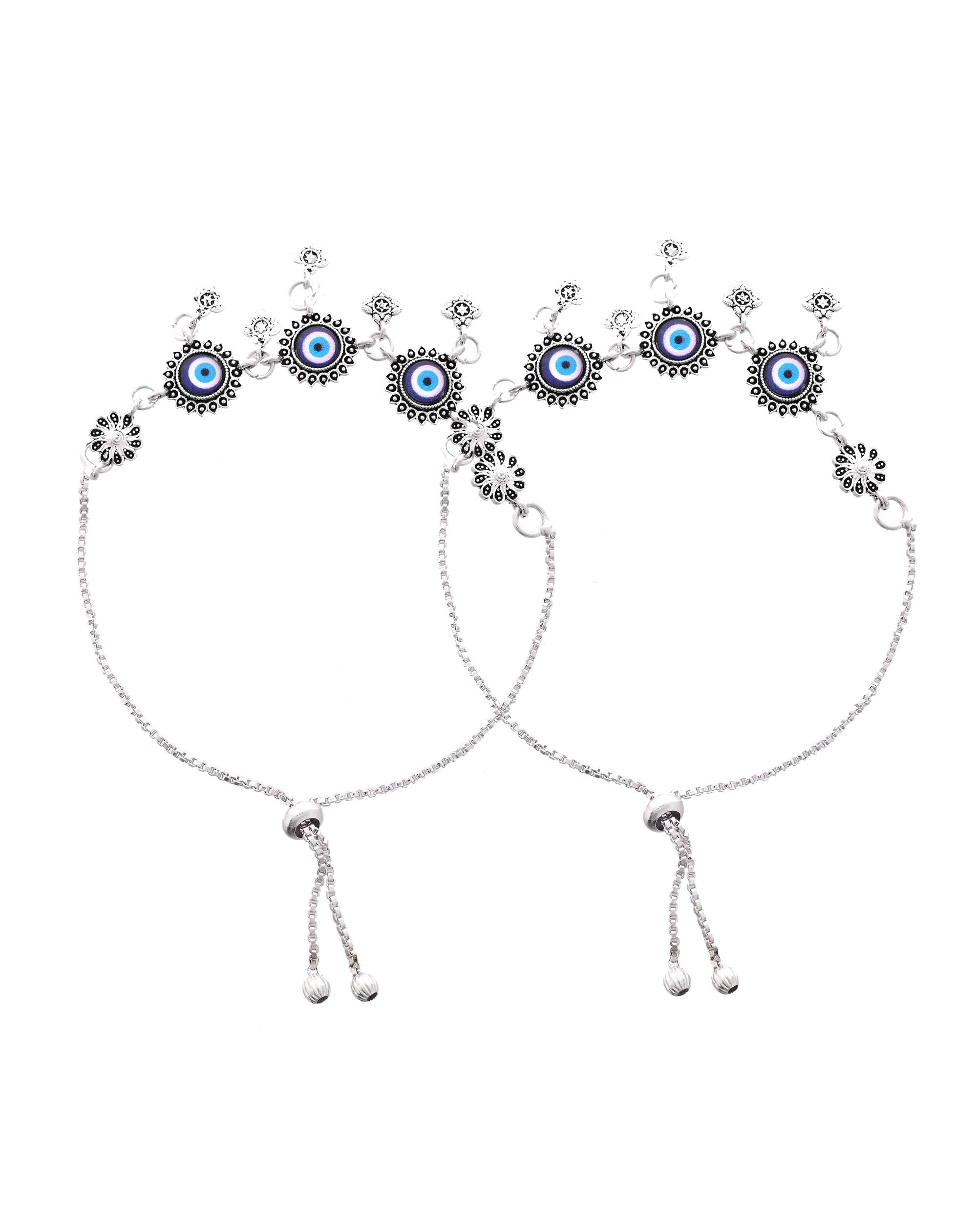 Jewels Nest Set of 2 Silver-Plated Stainless Steel Evil Eye & Stone-Studded Beaded Anklets - Distacart