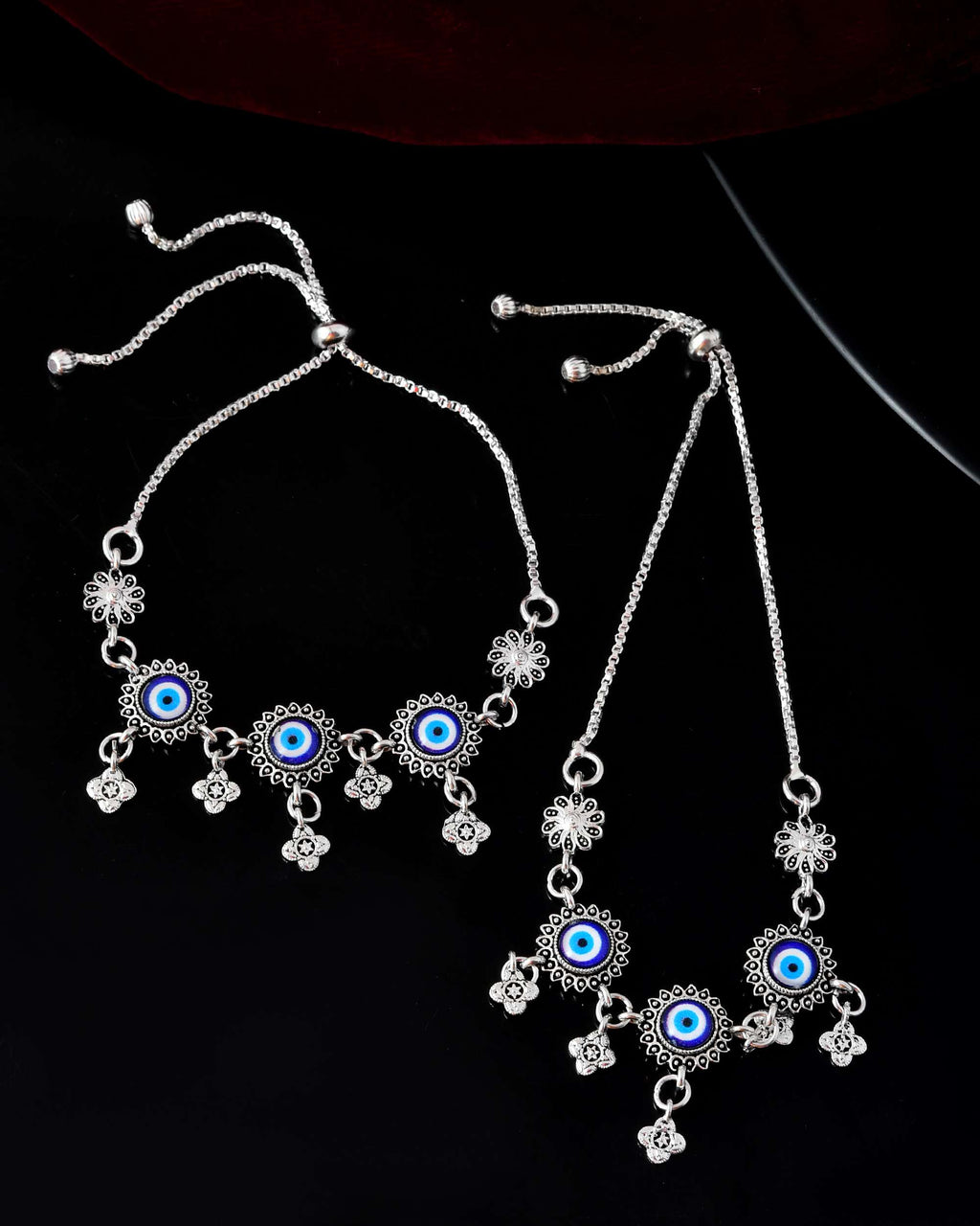 Jewels Nest Set of 2 Silver-Plated Stainless Steel Evil Eye & Stone-Studded Beaded Anklets - Distacart