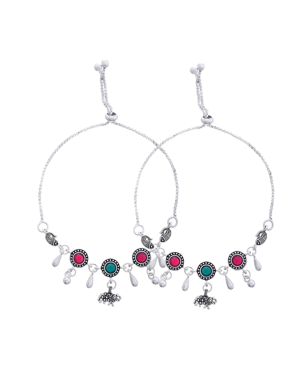 Jewels Nest Set of 2 Silver-Plated Artificial Stone Beaded Anklets with Multi-Colored Accents - Distacart