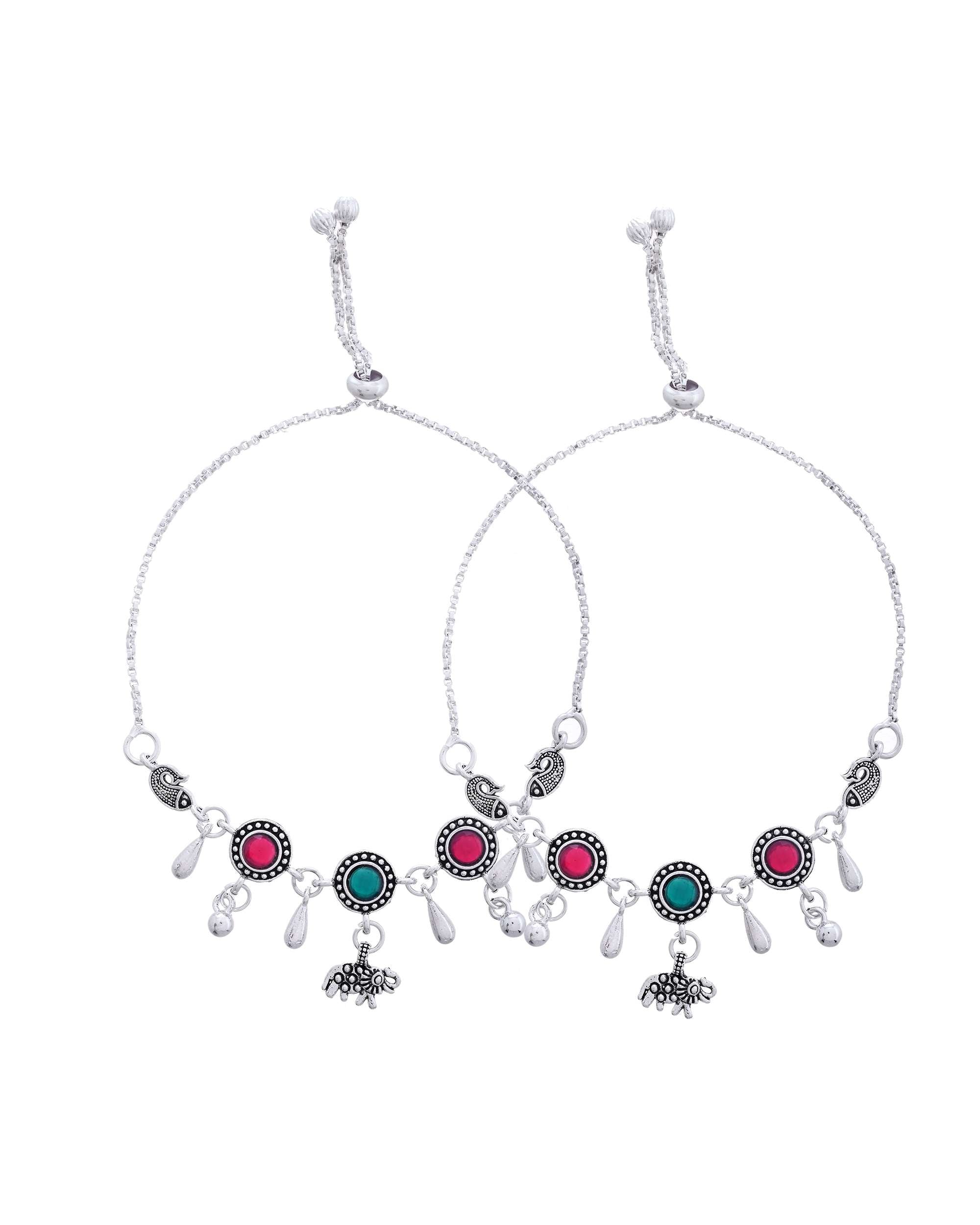 Jewels Nest Set of 2 Silver-Plated Artificial Stone Beaded Anklets with Multi-Colored Accents - Distacart