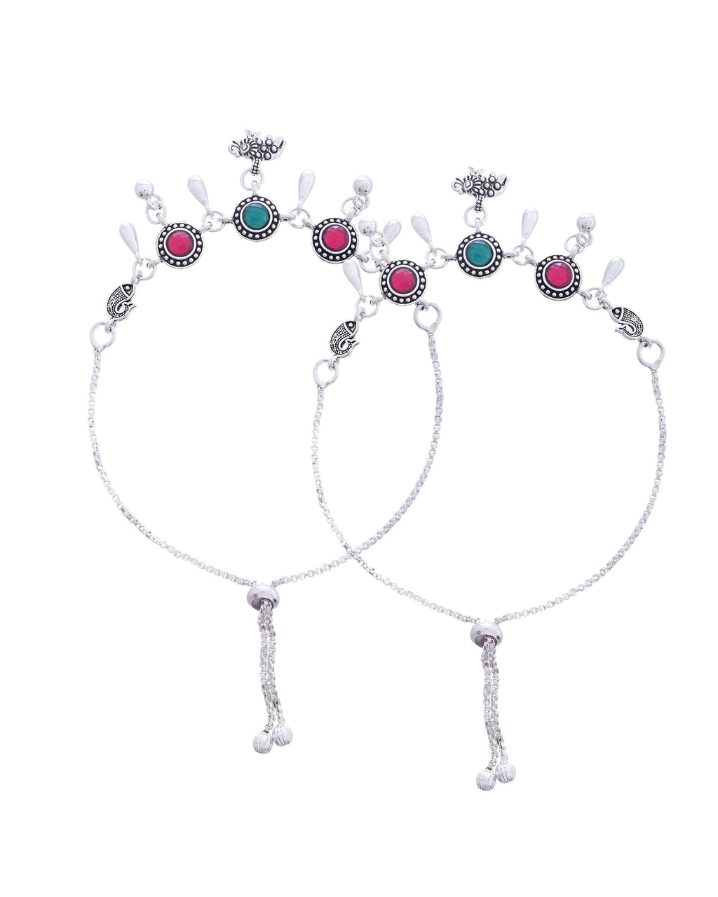 Jewels Nest Set of 2 Silver-Plated Artificial Stone Beaded Anklets with Multi-Colored Accents - Distacart