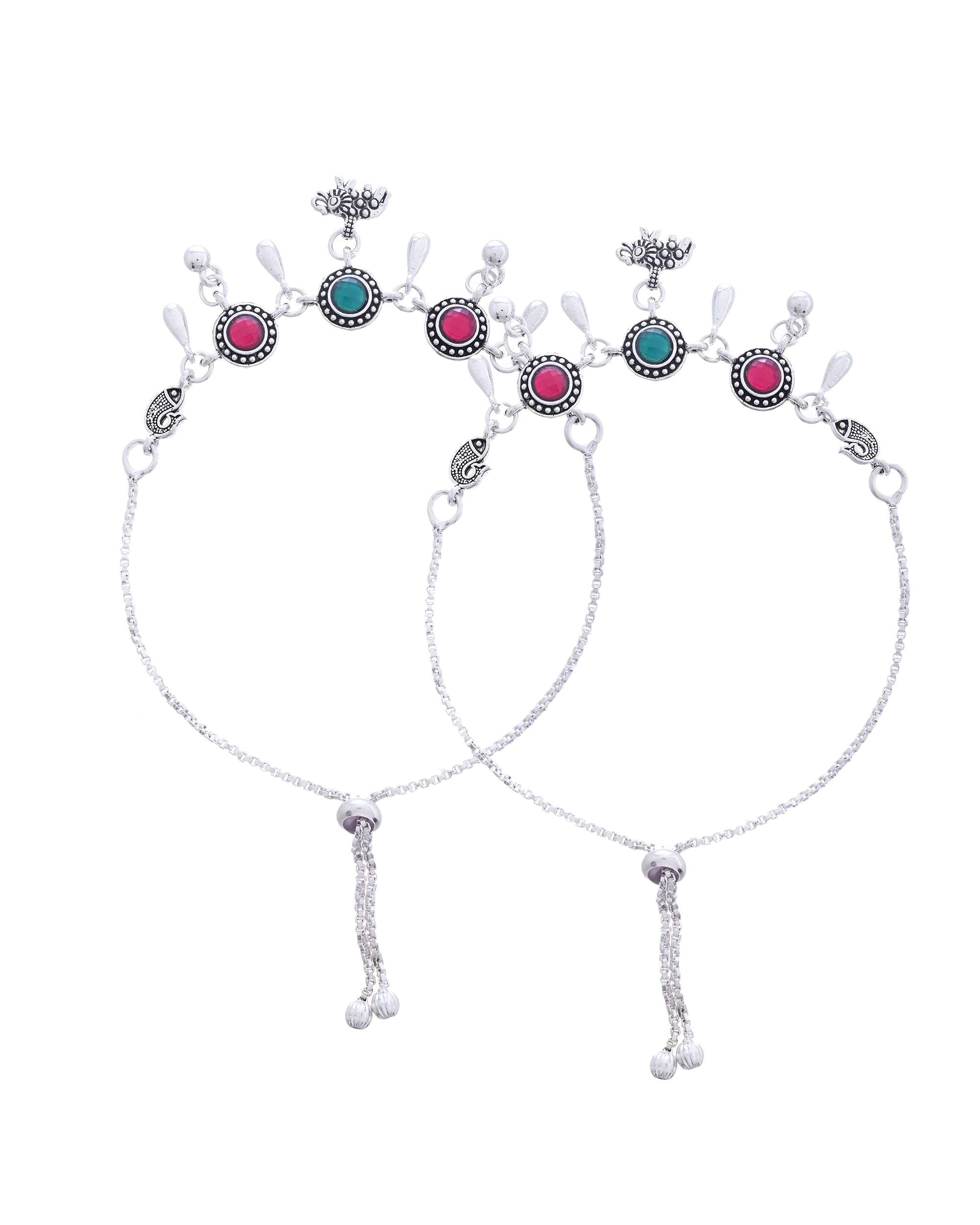 Jewels Nest Set of 2 Silver-Plated Artificial Stone Beaded Anklets with Multi-Colored Accents - Distacart