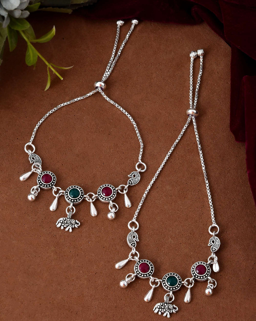 Jewels Nest Set of 2 Silver-Plated Artificial Stone Beaded Anklets with Multi-Colored Accents - Distacart