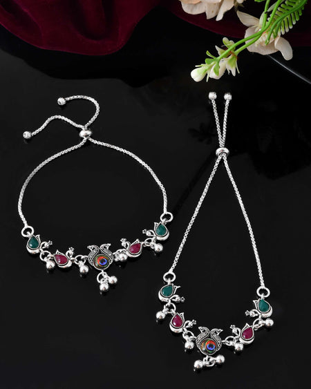 Jewels Nest Set of 2 Silver-Plated Green Stone & Bead Anklets in Stainless Steel