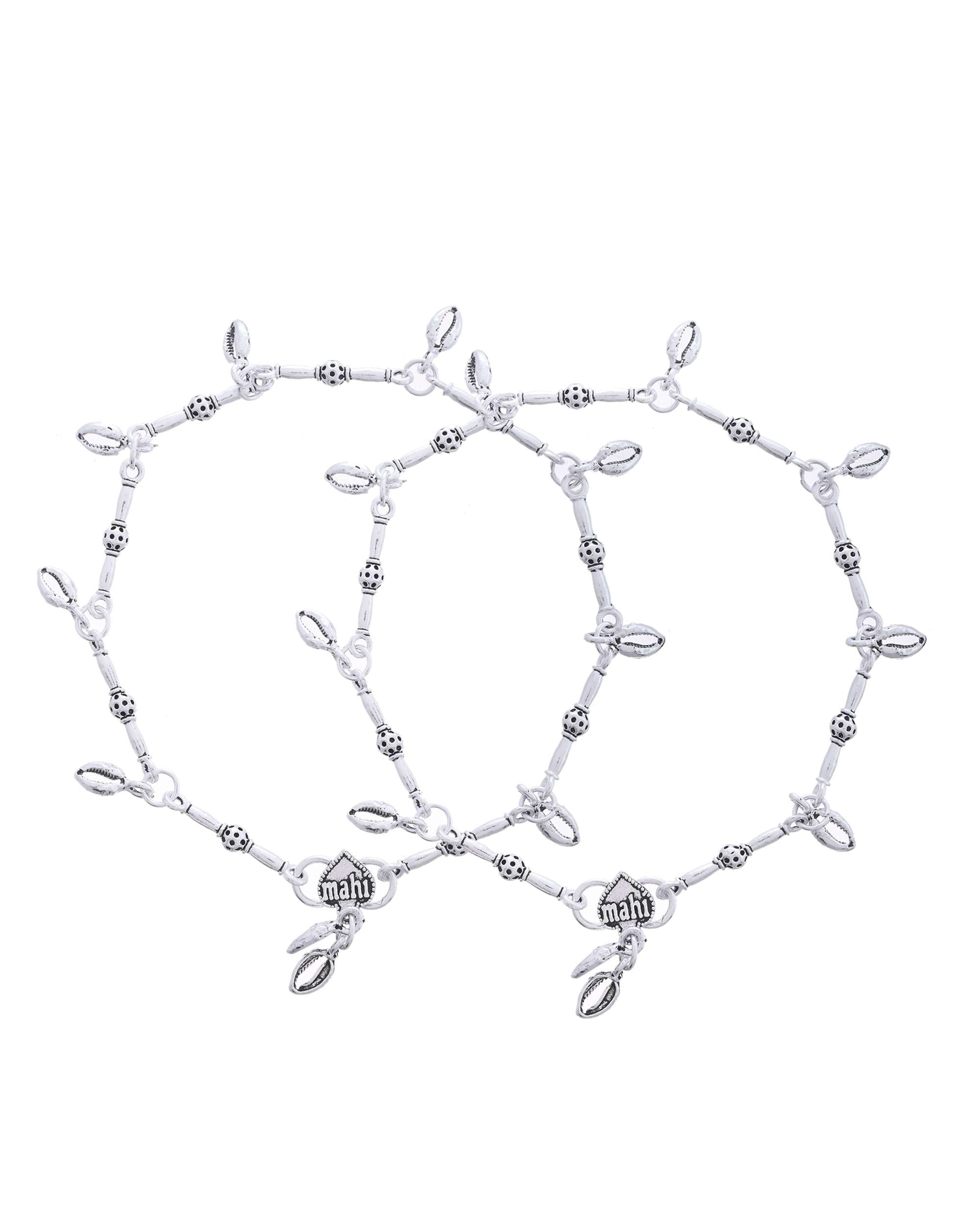 Jewels Nest Oxidized Silver-Toned Tribal Barrel Charm Anklet – Set of 2 - Distacart