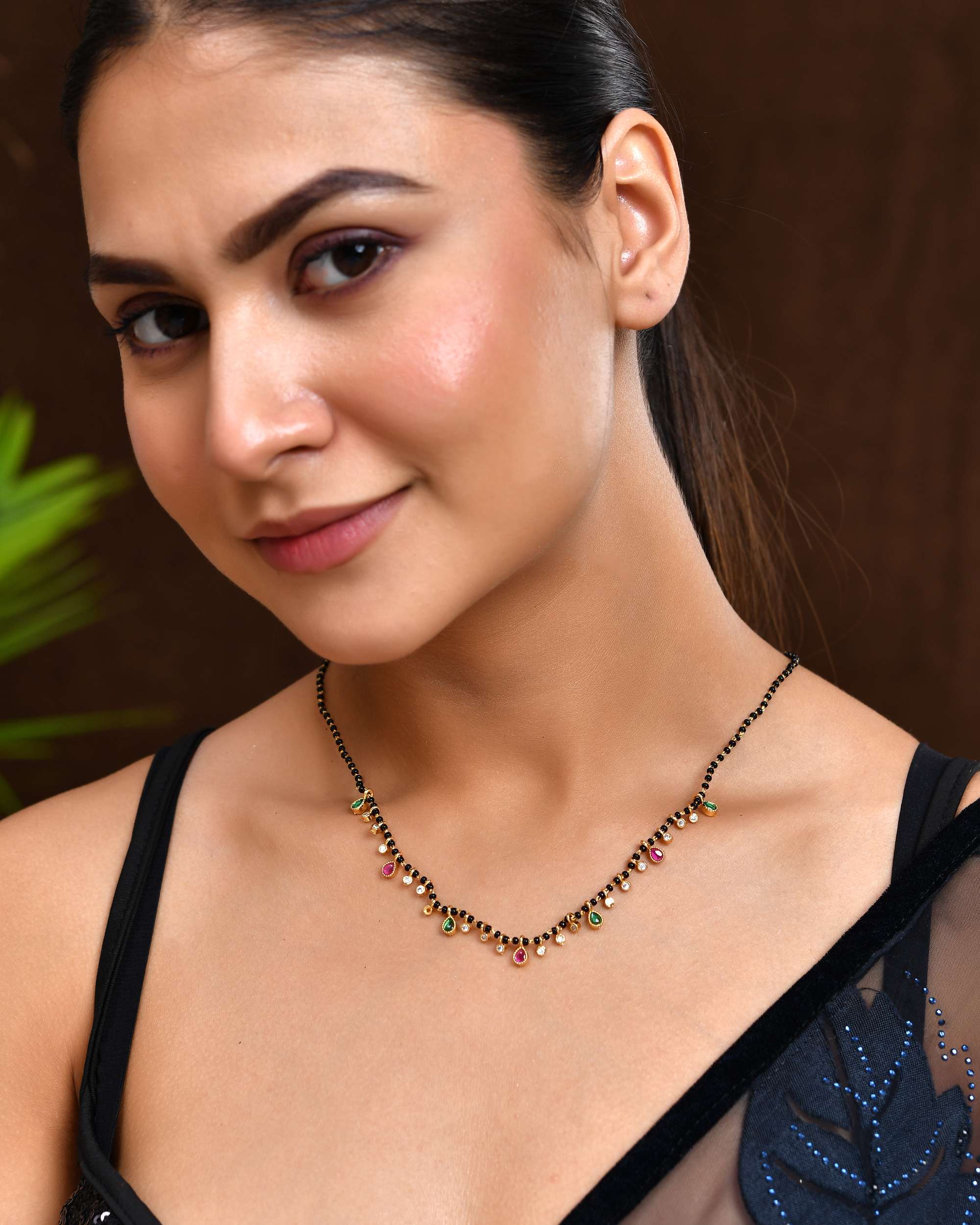 Jewels Nest Elegant Black Beads Mangalsutra with Green & Red Stone Drops – Silver Finish - Distacart