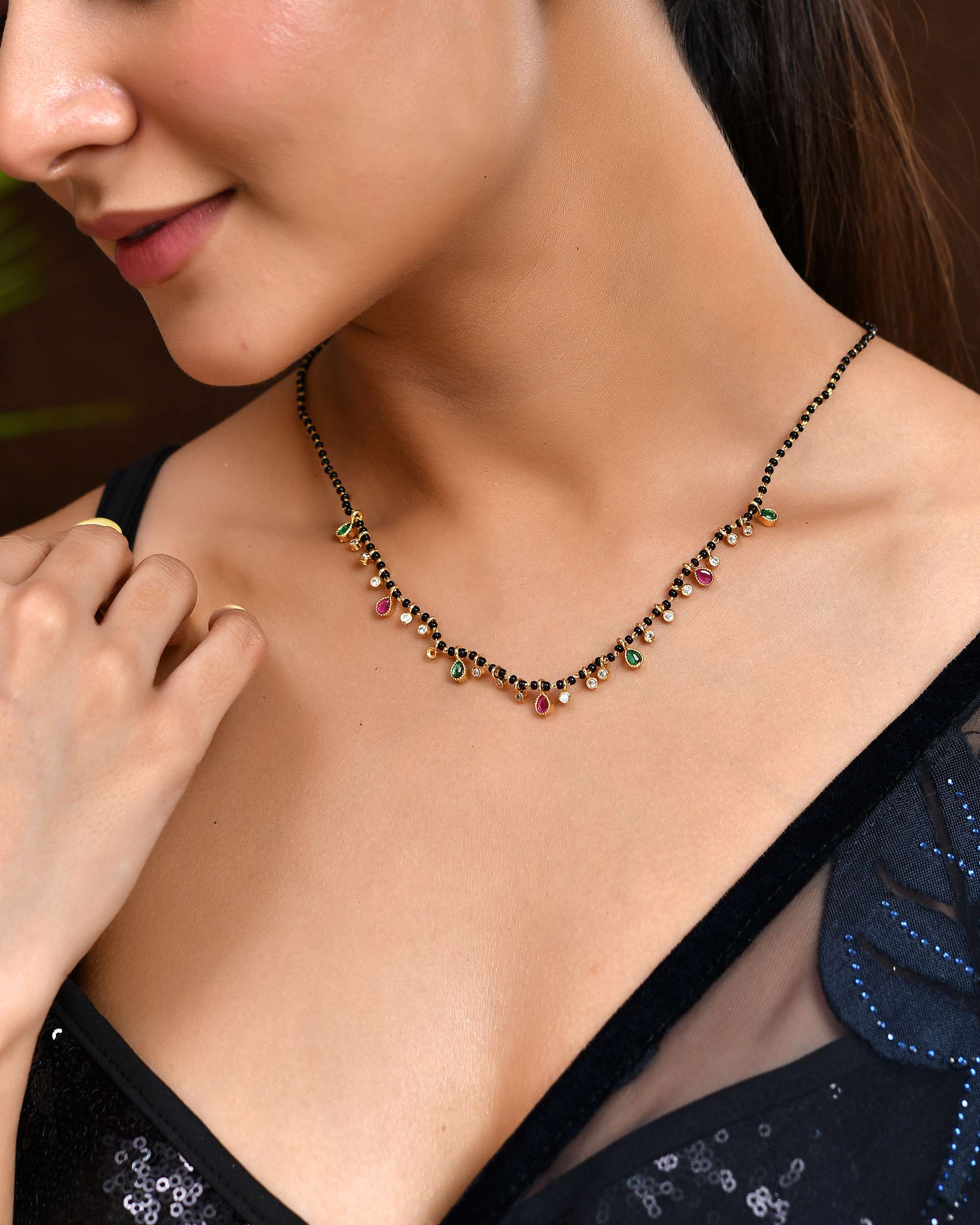 Jewels Nest Elegant Black Beads Mangalsutra with Green & Red Stone Drops – Silver Finish - Distacart