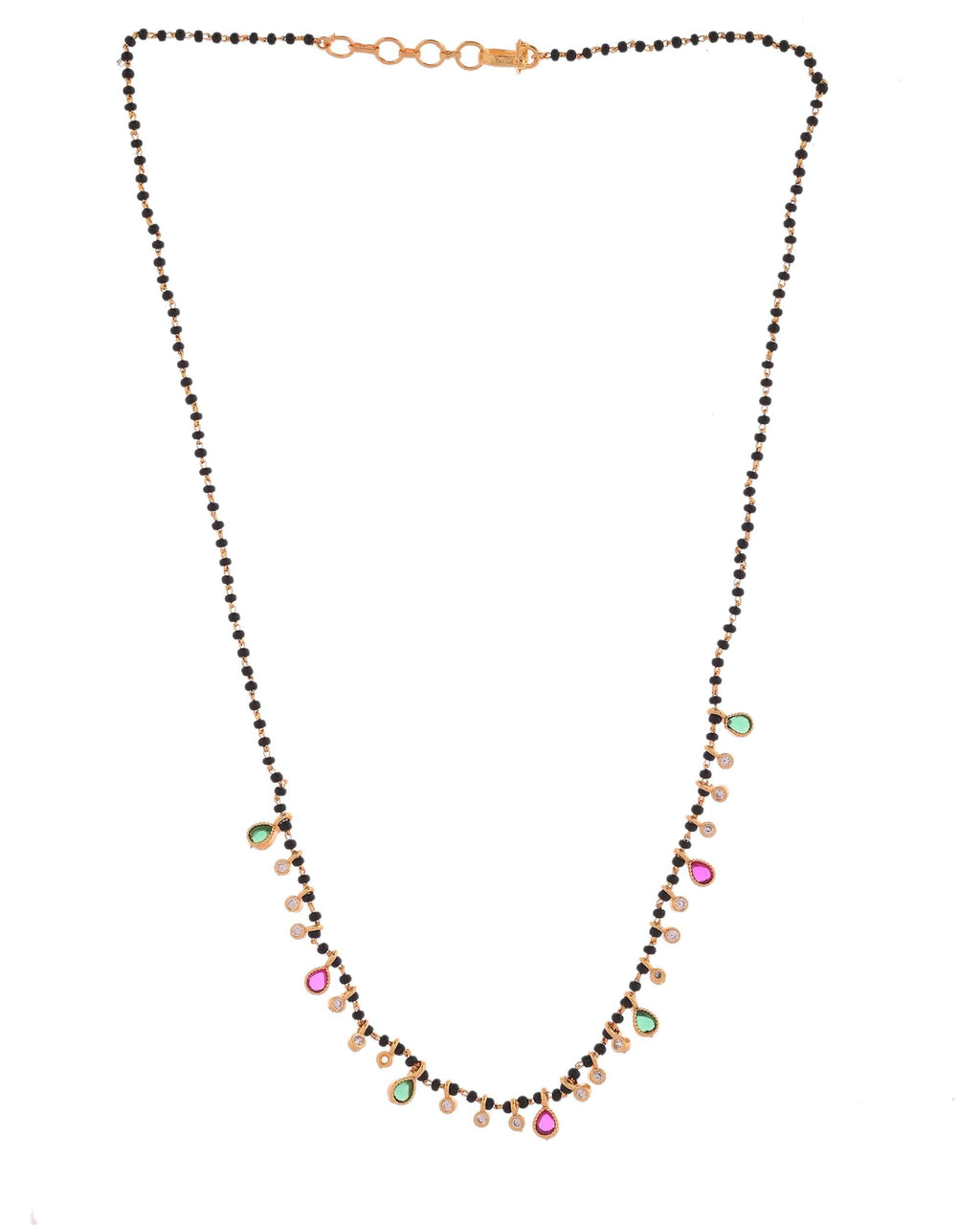Jewels Nest Elegant Black Beads Mangalsutra with Green & Red Stone Drops – Silver Finish - Distacart