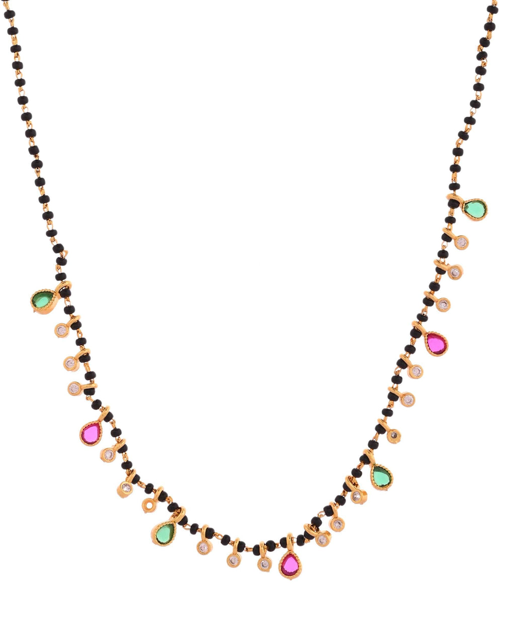 Jewels Nest Elegant Black Beads Mangalsutra with Green & Red Stone Drops – Silver Finish - Distacart