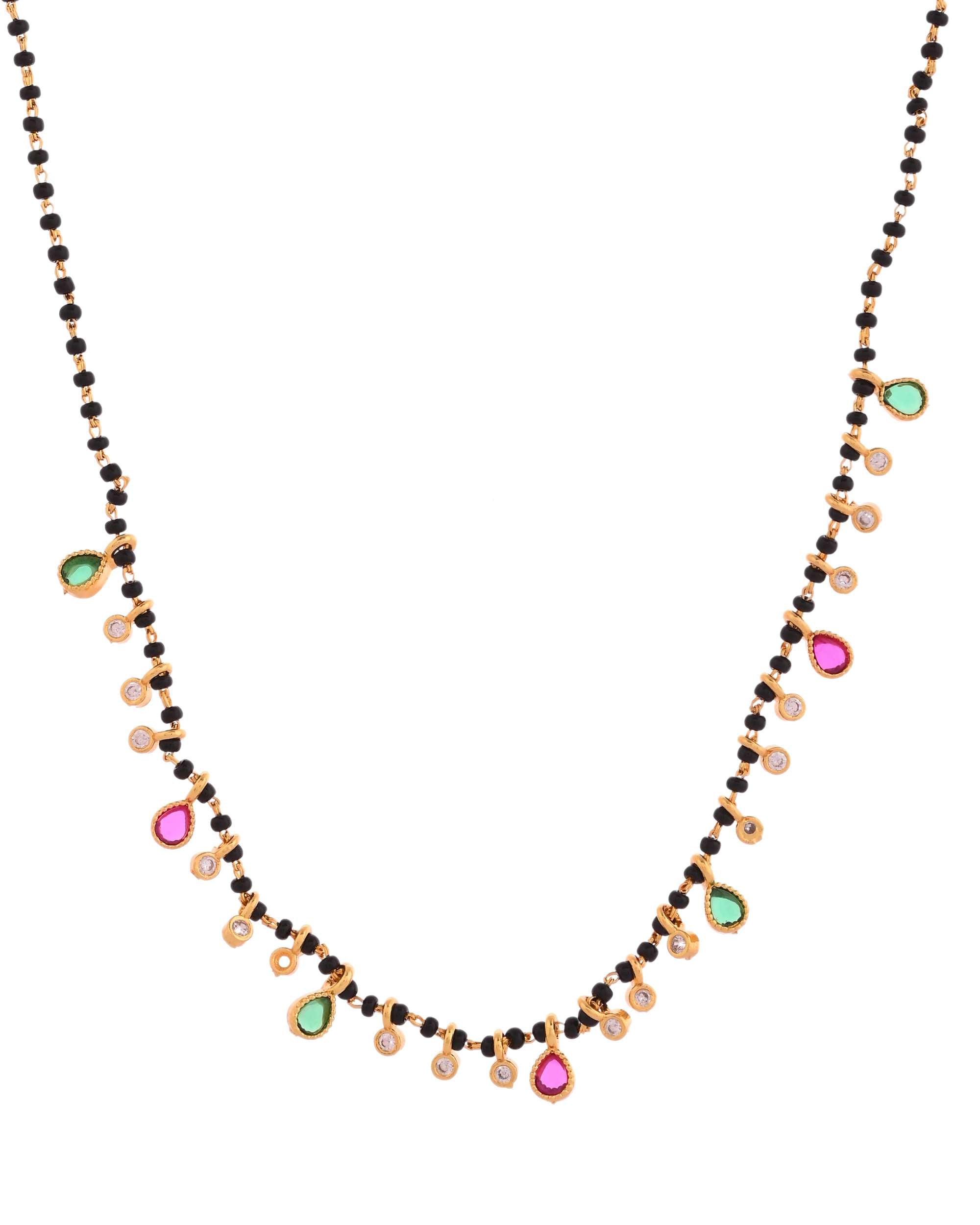 Jewels Nest Elegant Black Beads Mangalsutra with Green & Red Stone Drops – Silver Finish - Distacart
