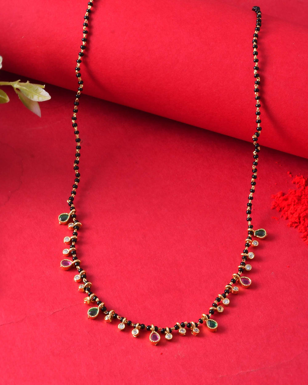 Jewels Nest Elegant Black Beads Mangalsutra with Green & Red Stone Drops – Silver Finish - Distacart
