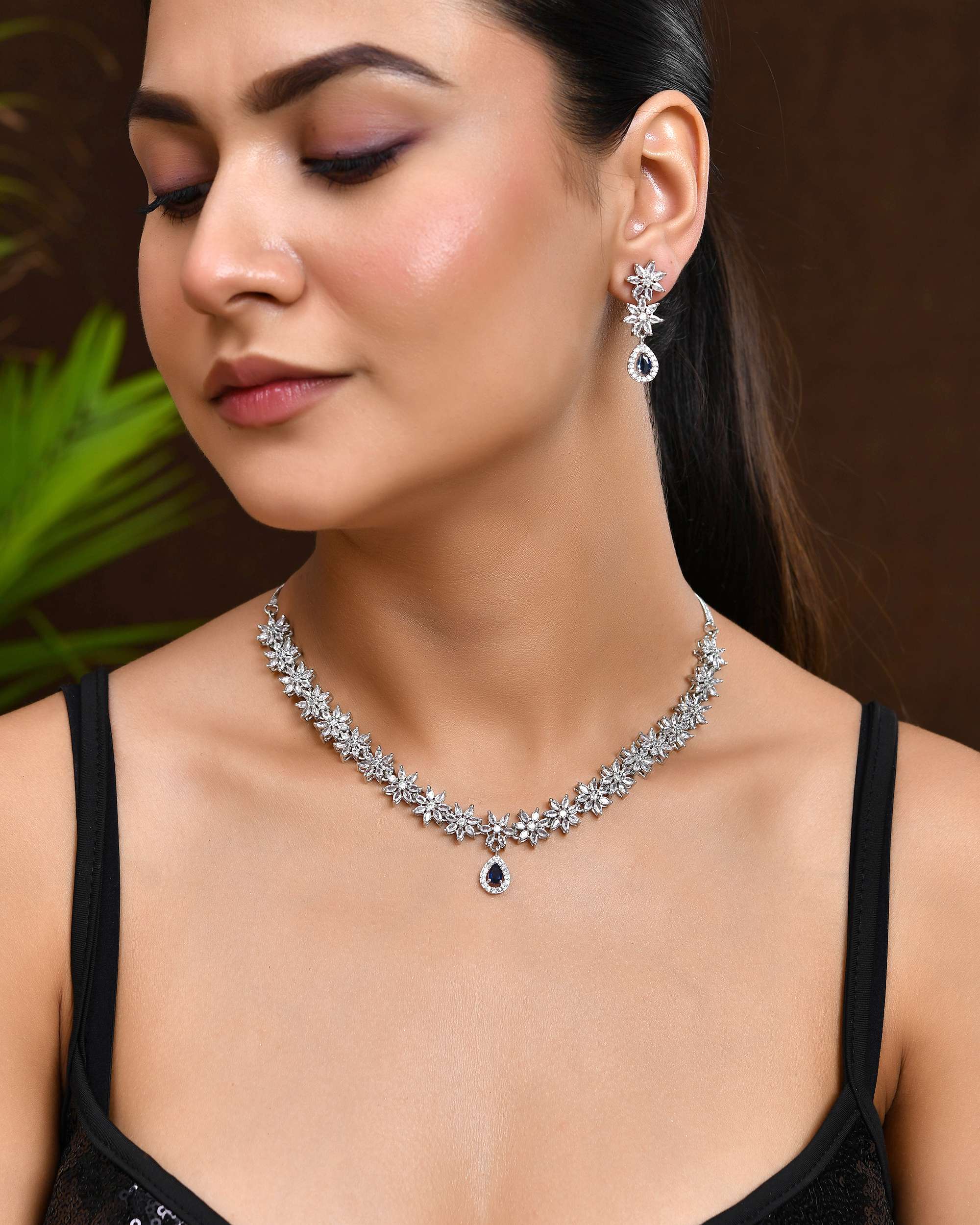 Jewels Nest American Diamond Floral Necklace Set with Sapphire Blue Stone Drop