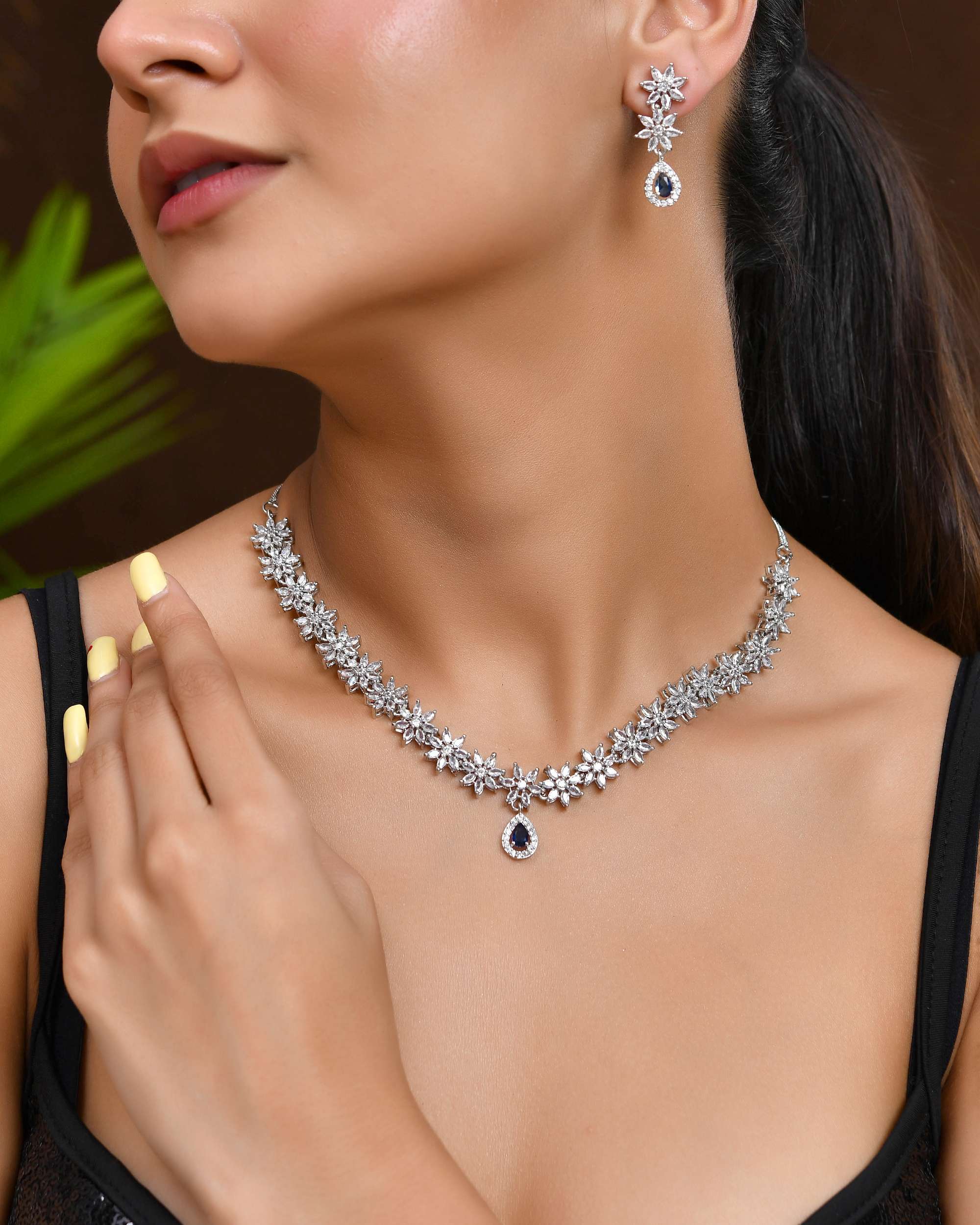 Jewels Nest American Diamond Floral Necklace Set with Sapphire Blue Stone Drop