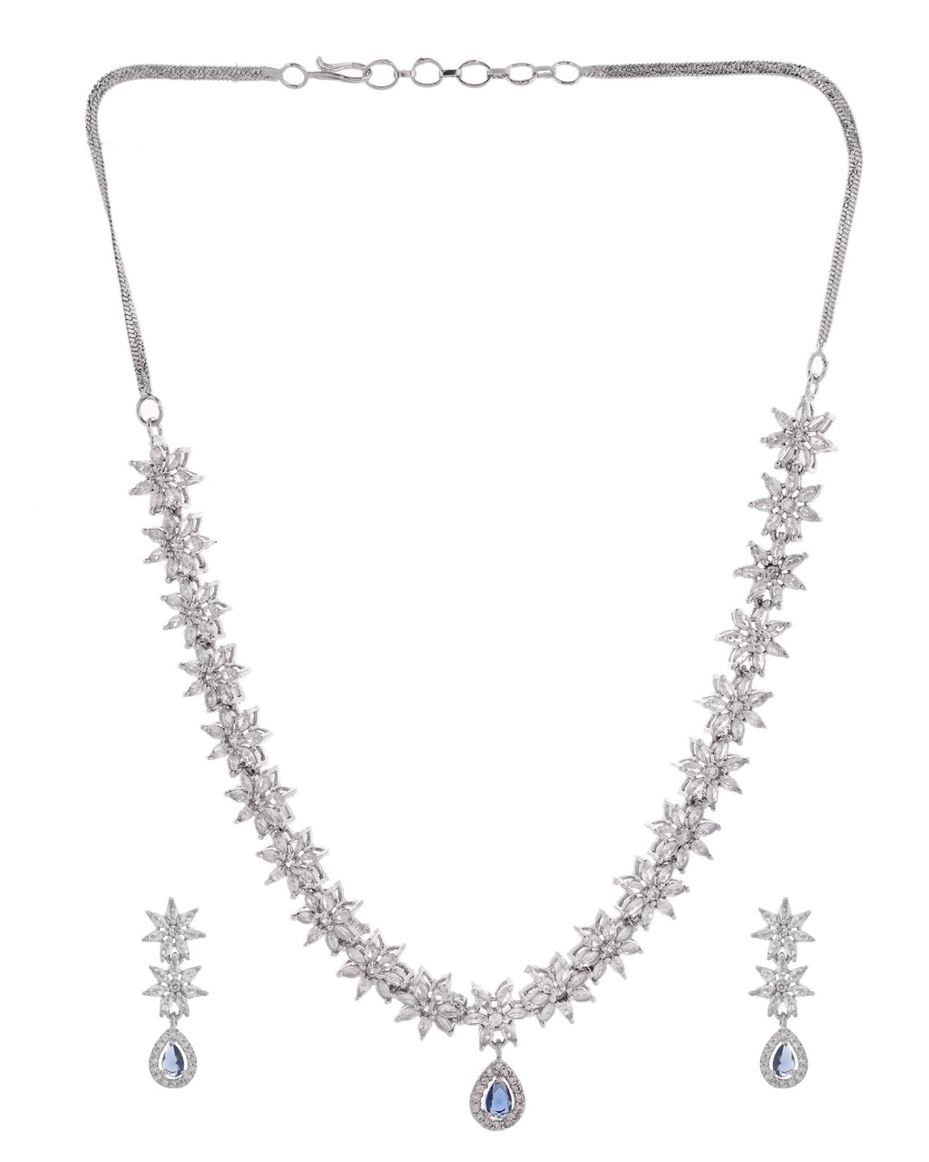 Jewels Nest American Diamond Floral Necklace Set with Sapphire Blue Stone Drop