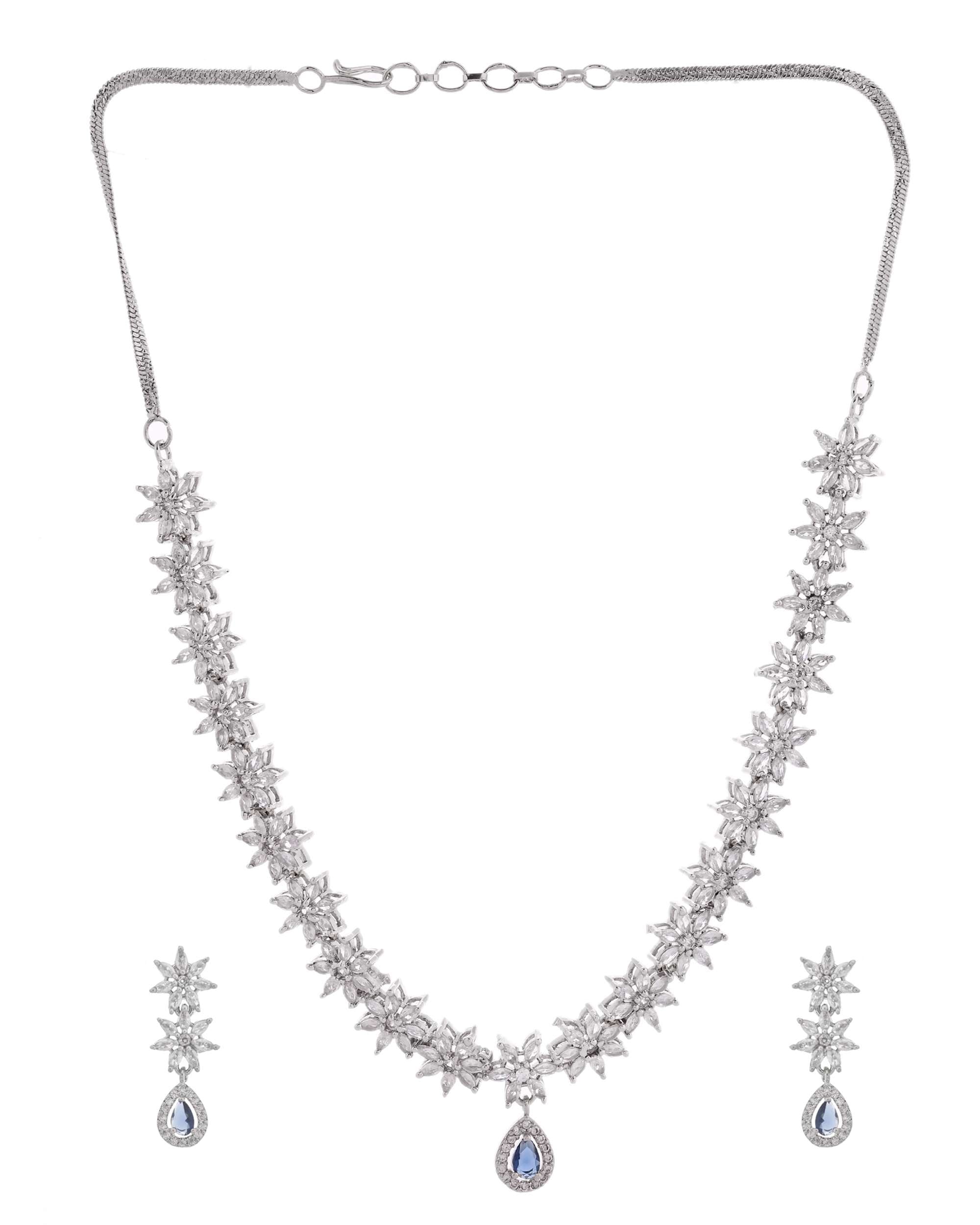 Jewels Nest American Diamond Floral Necklace Set with Sapphire Blue Stone Drop