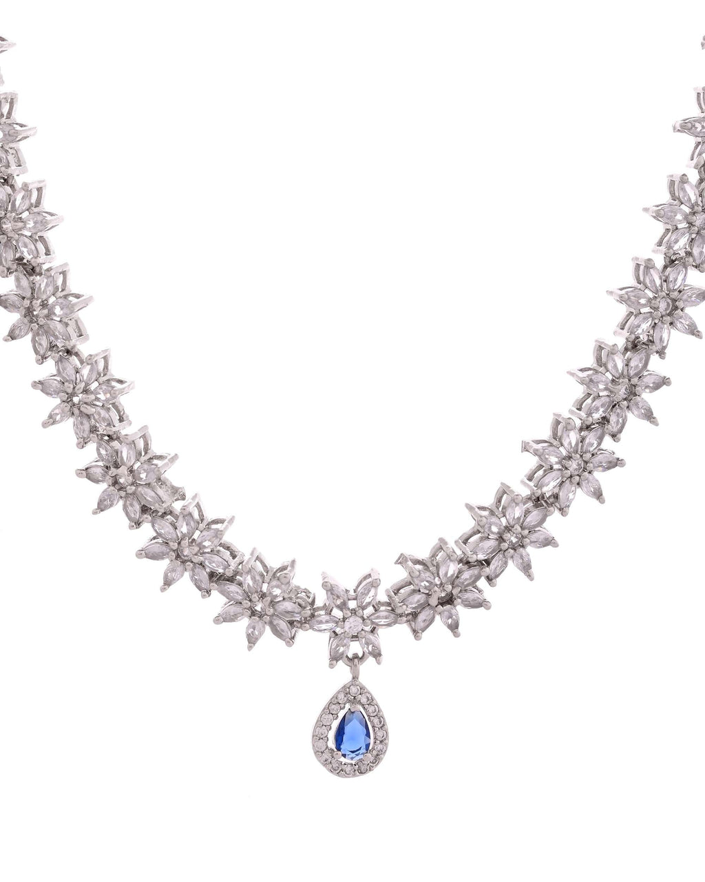 Jewels Nest American Diamond Floral Necklace Set with Sapphire Blue Stone Drop