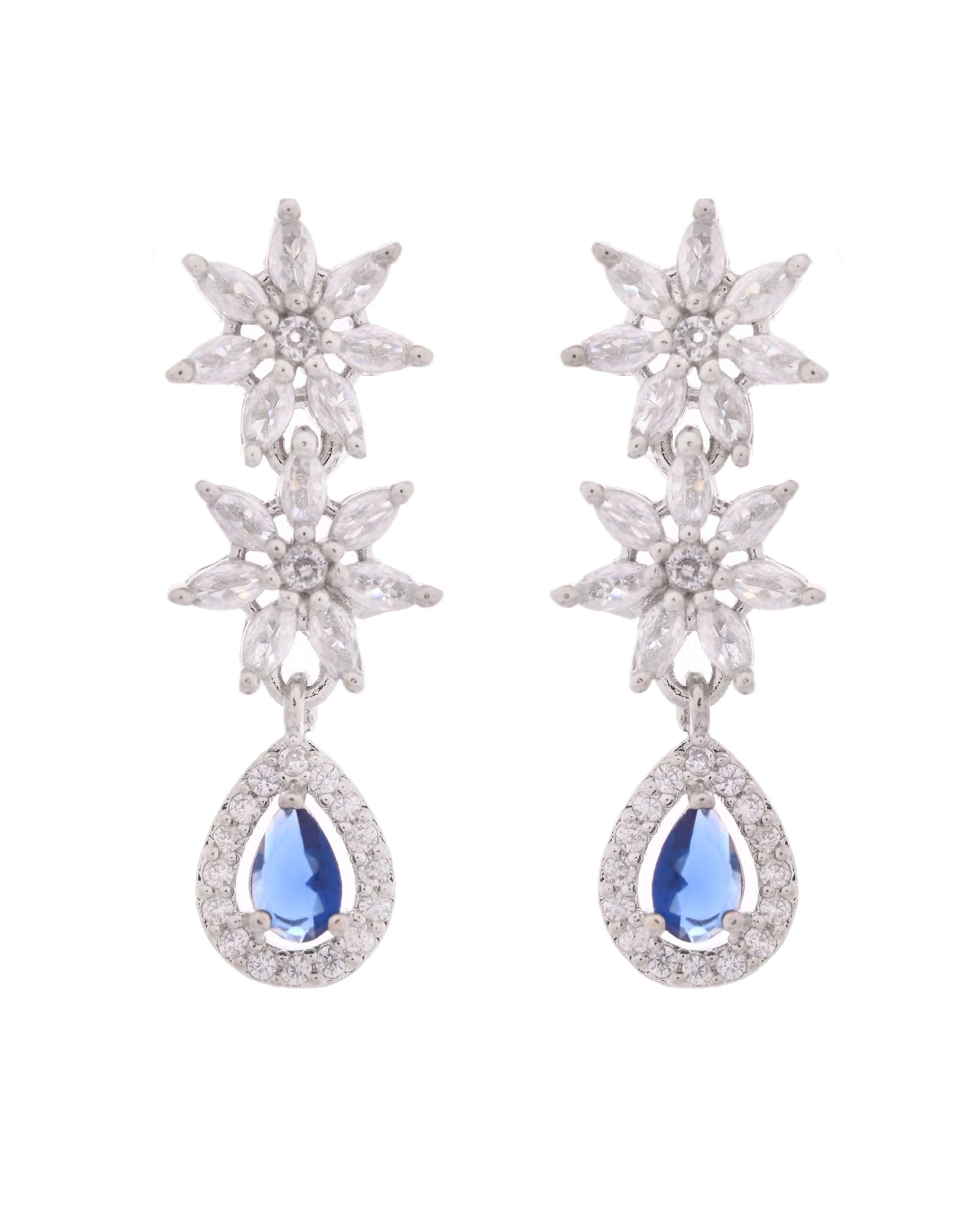 Jewels Nest American Diamond Floral Necklace Set with Sapphire Blue Stone Drop