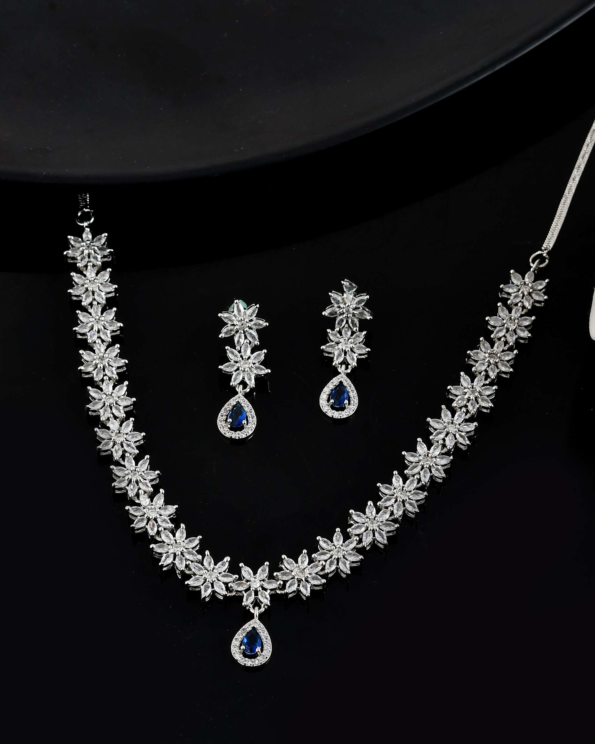 Jewels Nest American Diamond Floral Necklace Set with Sapphire Blue Stone Drop