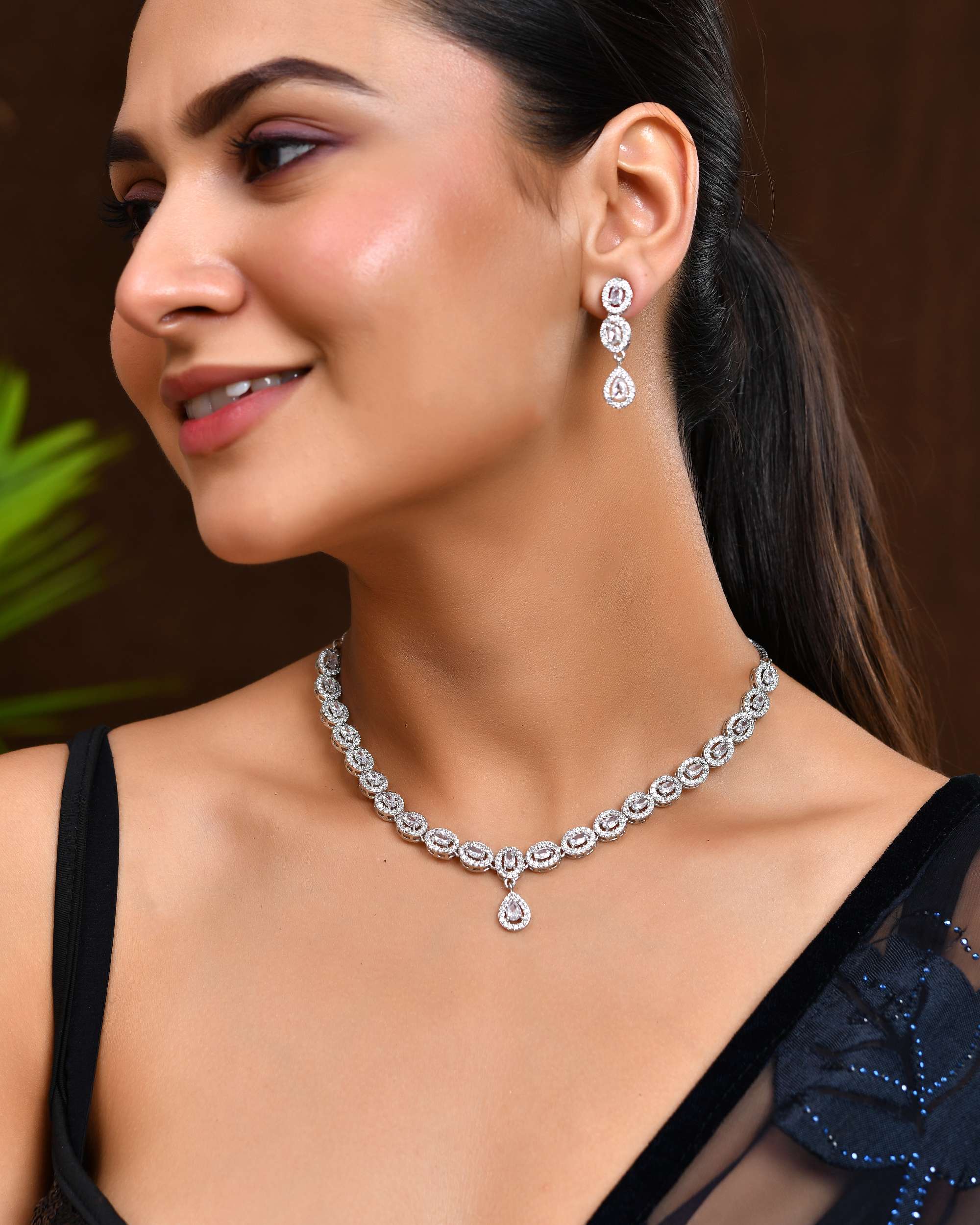 Jewels Nest Elegant American Diamond-Studded Necklace Set in Rhodium Finish
