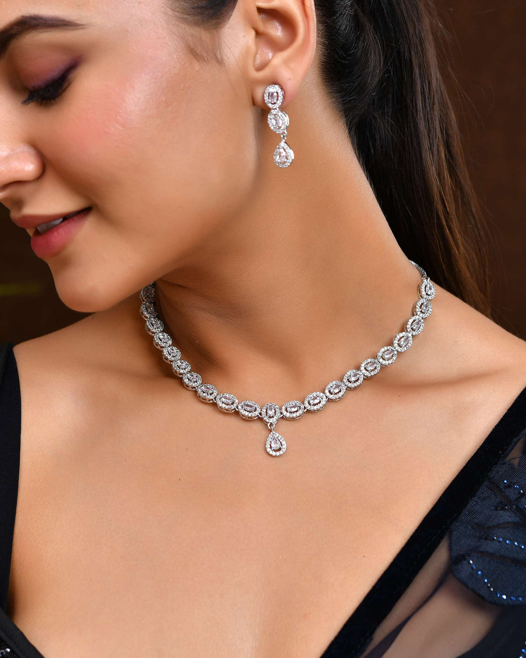 Jewels Nest Elegant American Diamond-Studded Necklace Set in Rhodium Finish