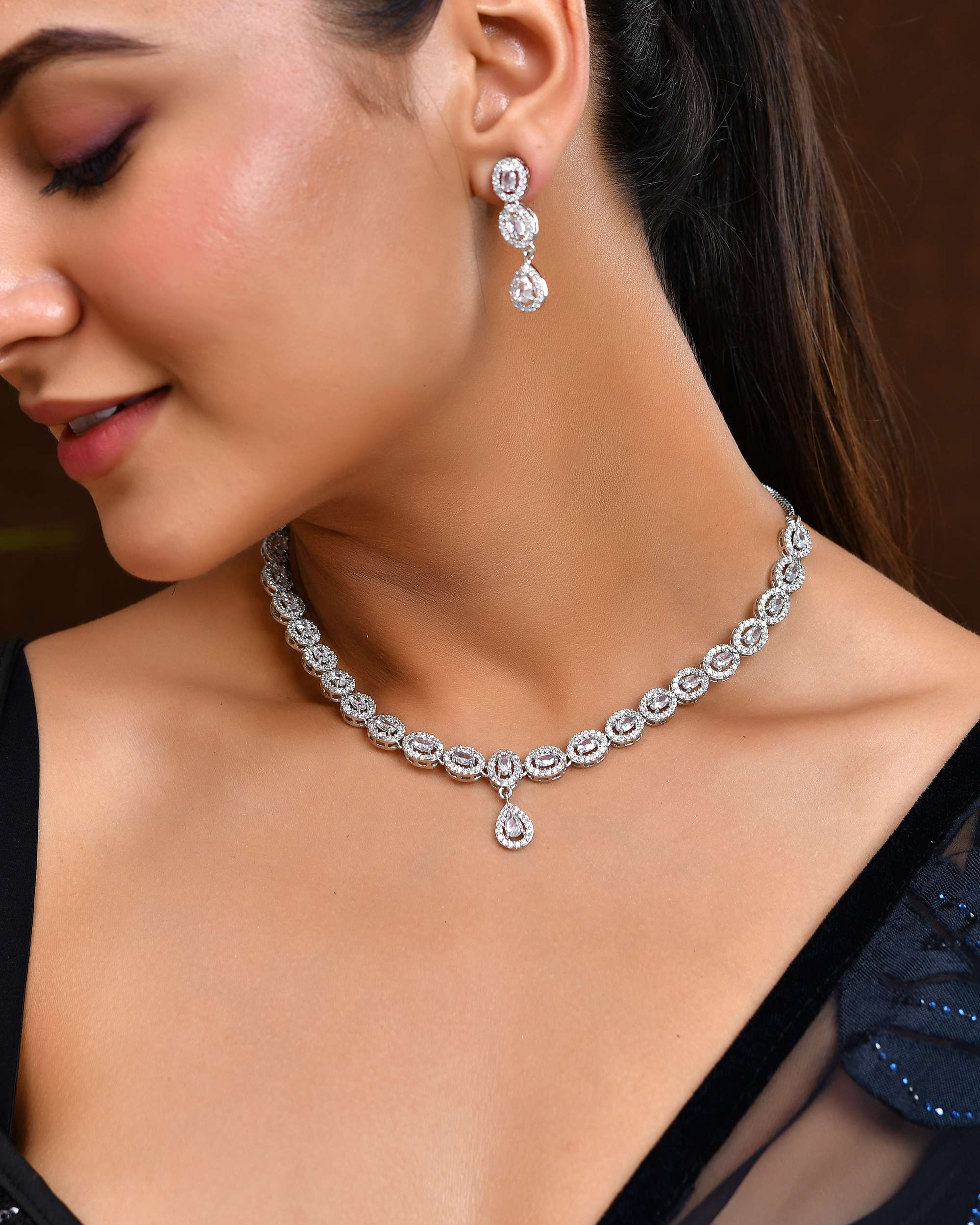 Jewels Nest Elegant American Diamond-Studded Necklace Set in Rhodium Finish